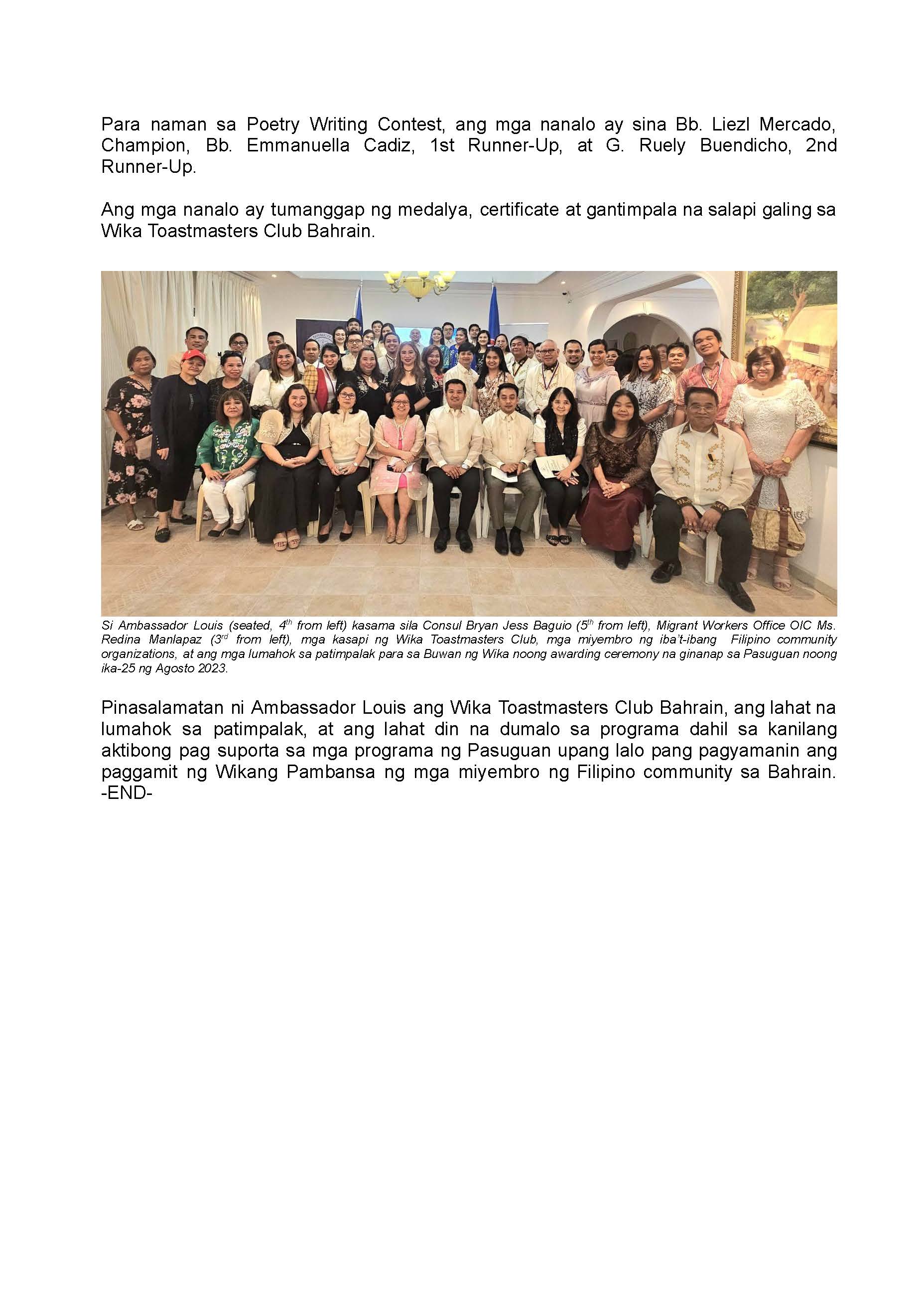 PR AJL 34 2023 PASUGUAN NG PILIPINAS SA MANAMA BAHRAIN NAGTANGHAL NG PATIMPALAK PARA IPAGDIWANG ANG BUWAN NG WIKA 2023 Page 2