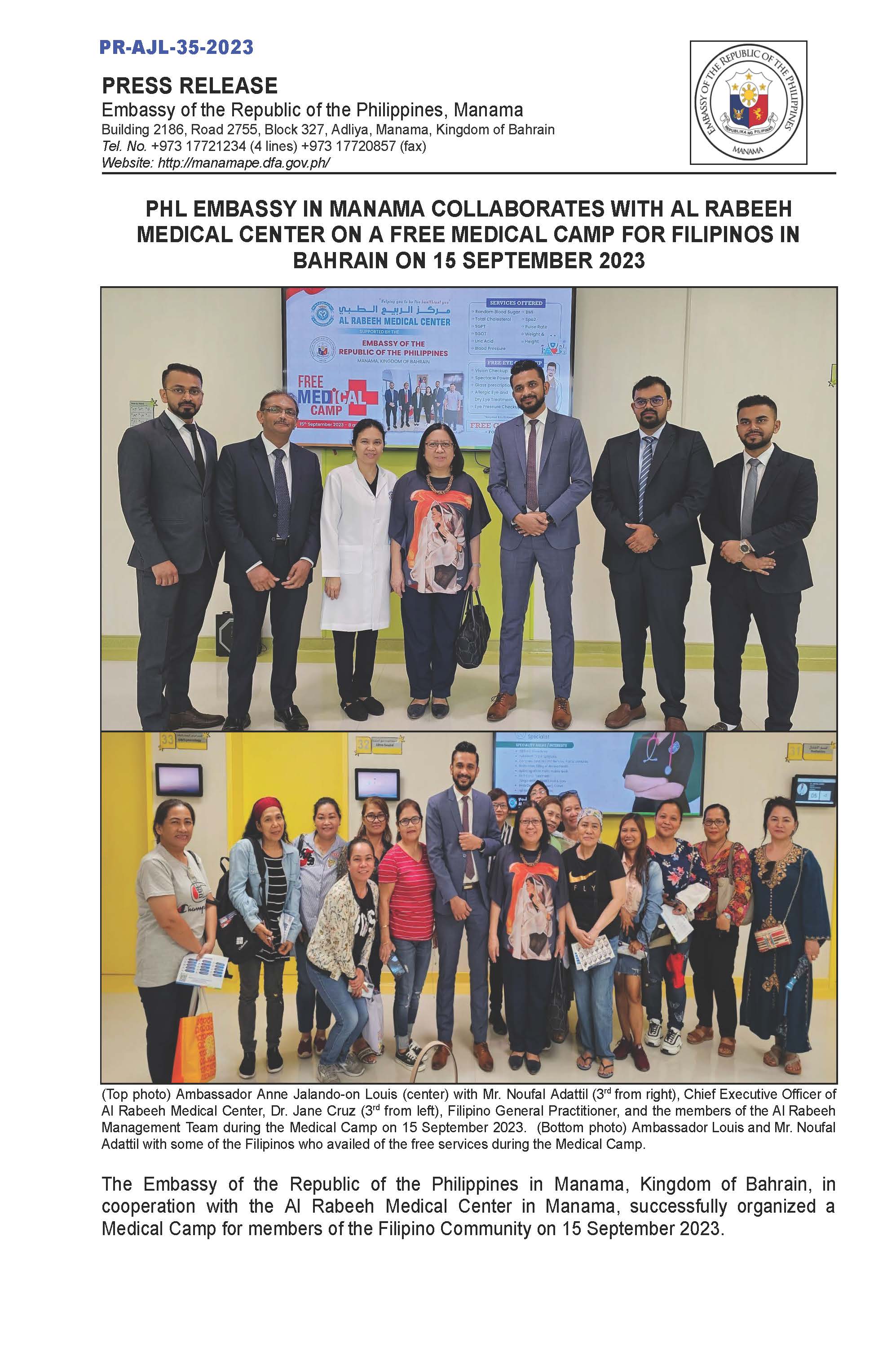 PR AJL 35 2023 PHL EMBASSY IN MANAMA COLLABORATES WITH AL RABEEH MEDICAL CENTER ON A FREE MEDICAL CAMP FOR FILIPINOS IN BAHRAIN ON 15 SEPTEMBER 2023 Page 1