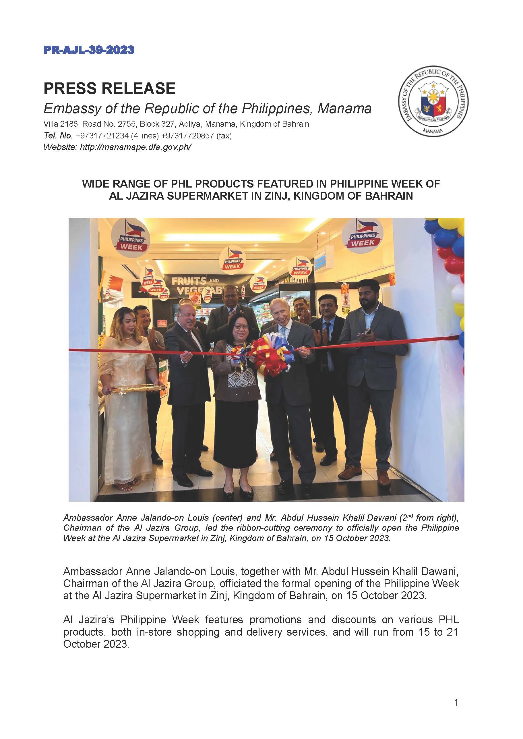 PR AJL 39 2023 WIDE RANGE OF PHL PRODUCTS FEATURED IN PHILIPPINE WEEK OF AL JAZIRA SUPERMARKET IN ZINJ KINGDOM OF BAHRAIN Page 1