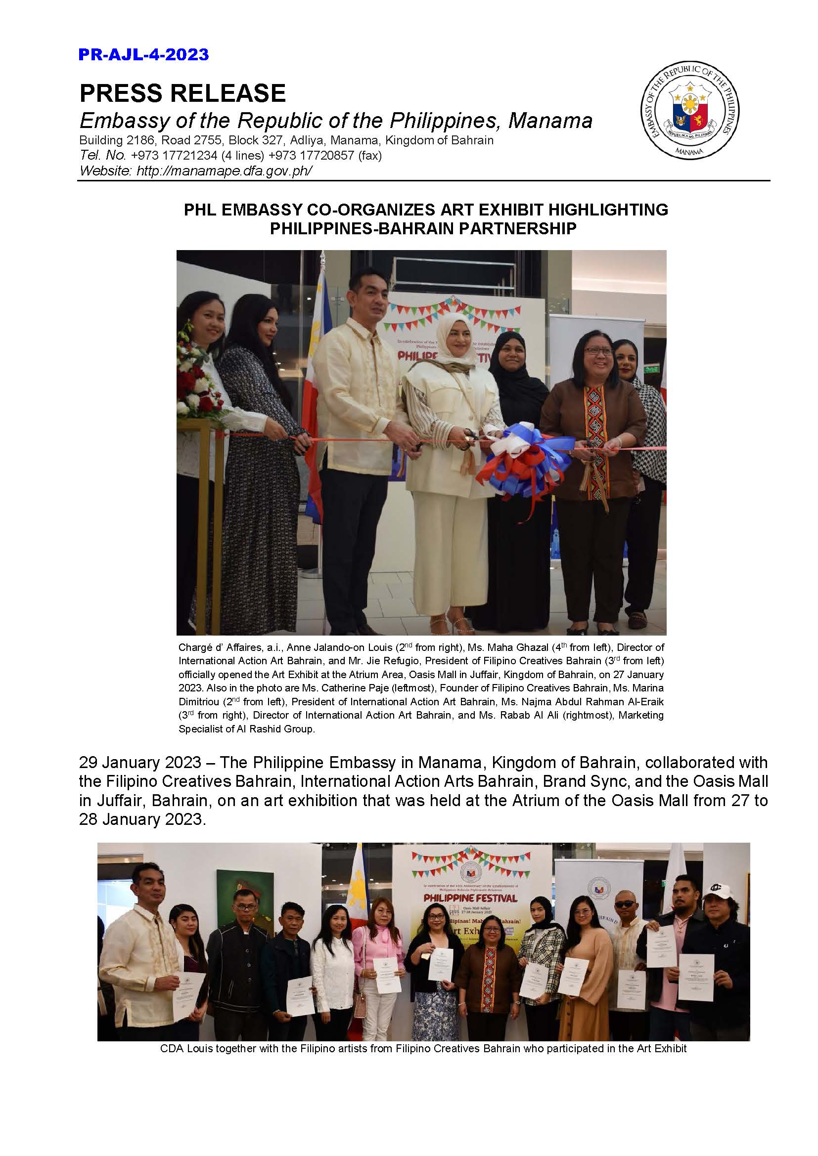 PR AJL 4 2023 PHL EMBASSY CO ORGANIZES ART EXHIBIT HIGHLIGHTING PHILIPPINES BAHRAIN PARTNERSHIP Page 1