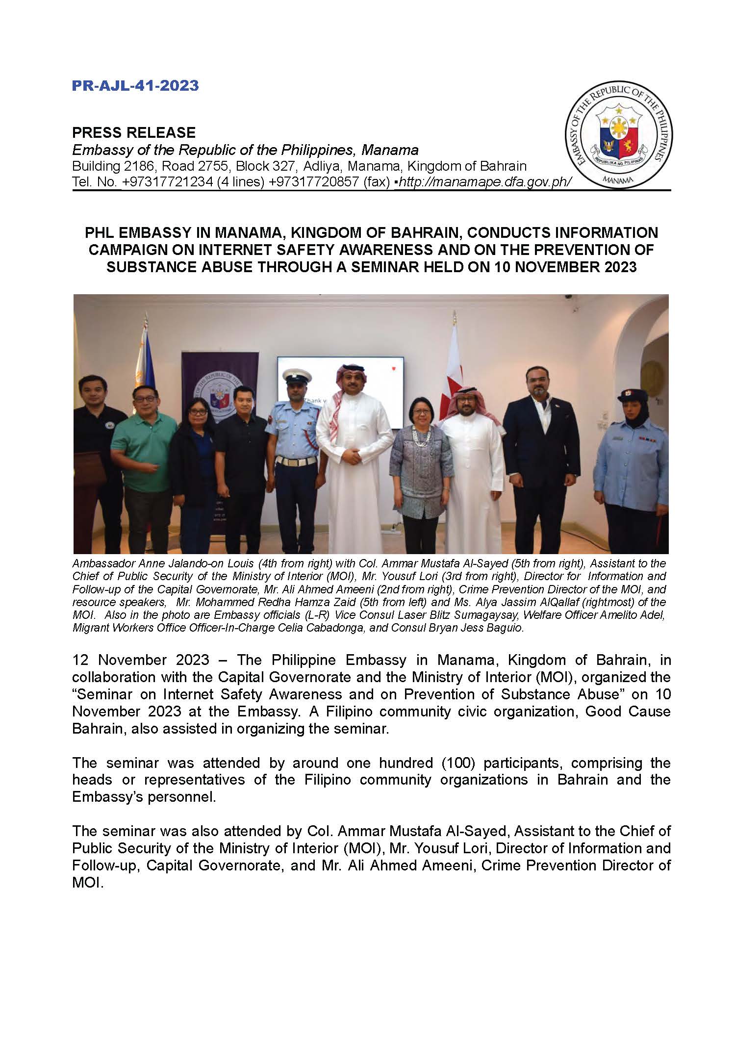PR AJL 41 2023 PHL EMBASSY IN MANAMA KINGDOM OF BAHRAIN CONDUCTS INFORMATION CAMPAIGN ON INTERNET SAFETY AWARENESS AND ON THE PREVENTION OF SUBSTANCE ABUSE Page 1