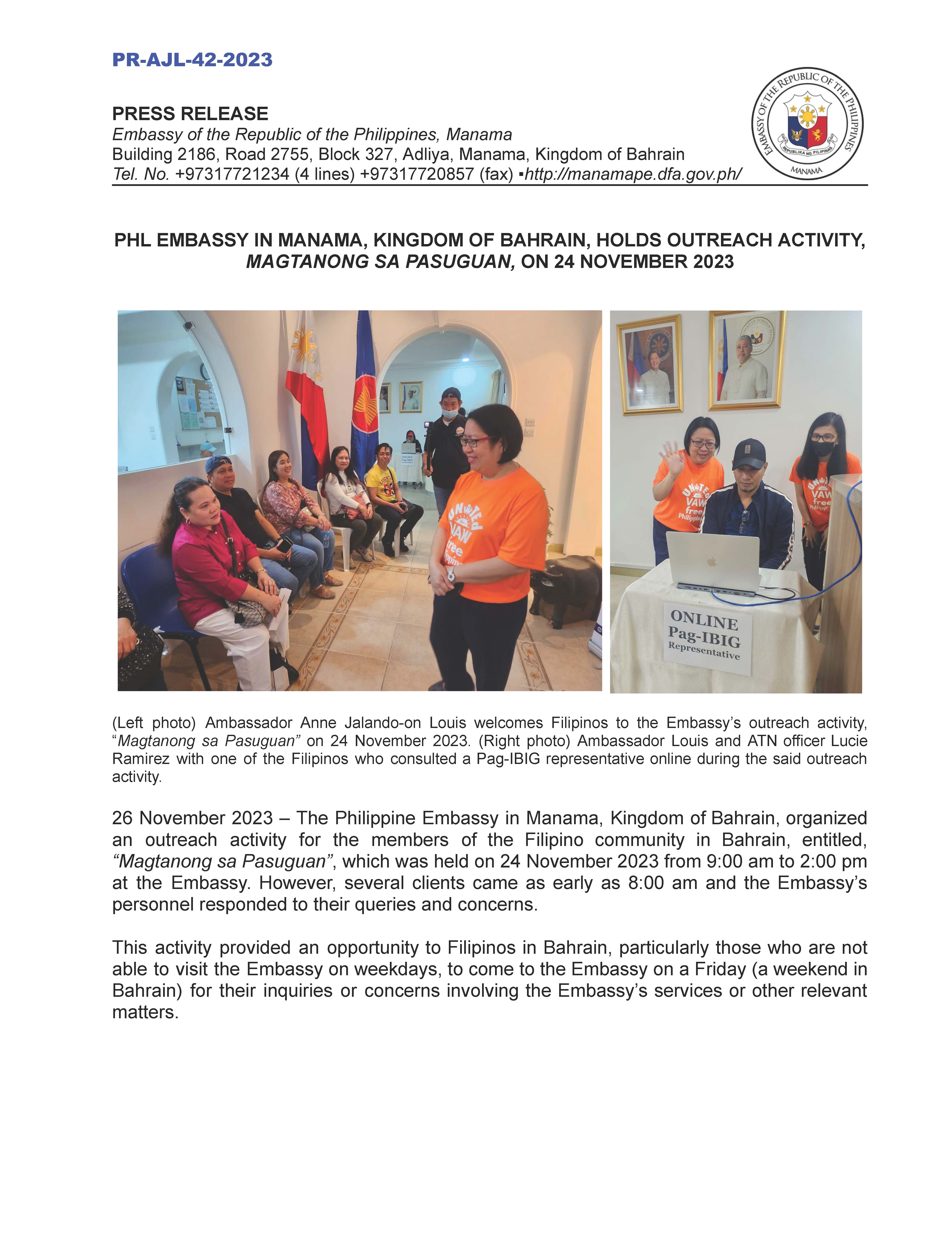 PR AJL 42 2023 PHL EMBASSY IN MANAMA KINGDOM OF BAHRAIN HOLDS OUTREACH ACTIVITY MAGTANONG SA PASUGUAN ON 24 NOVEMBER 2023 Page 1