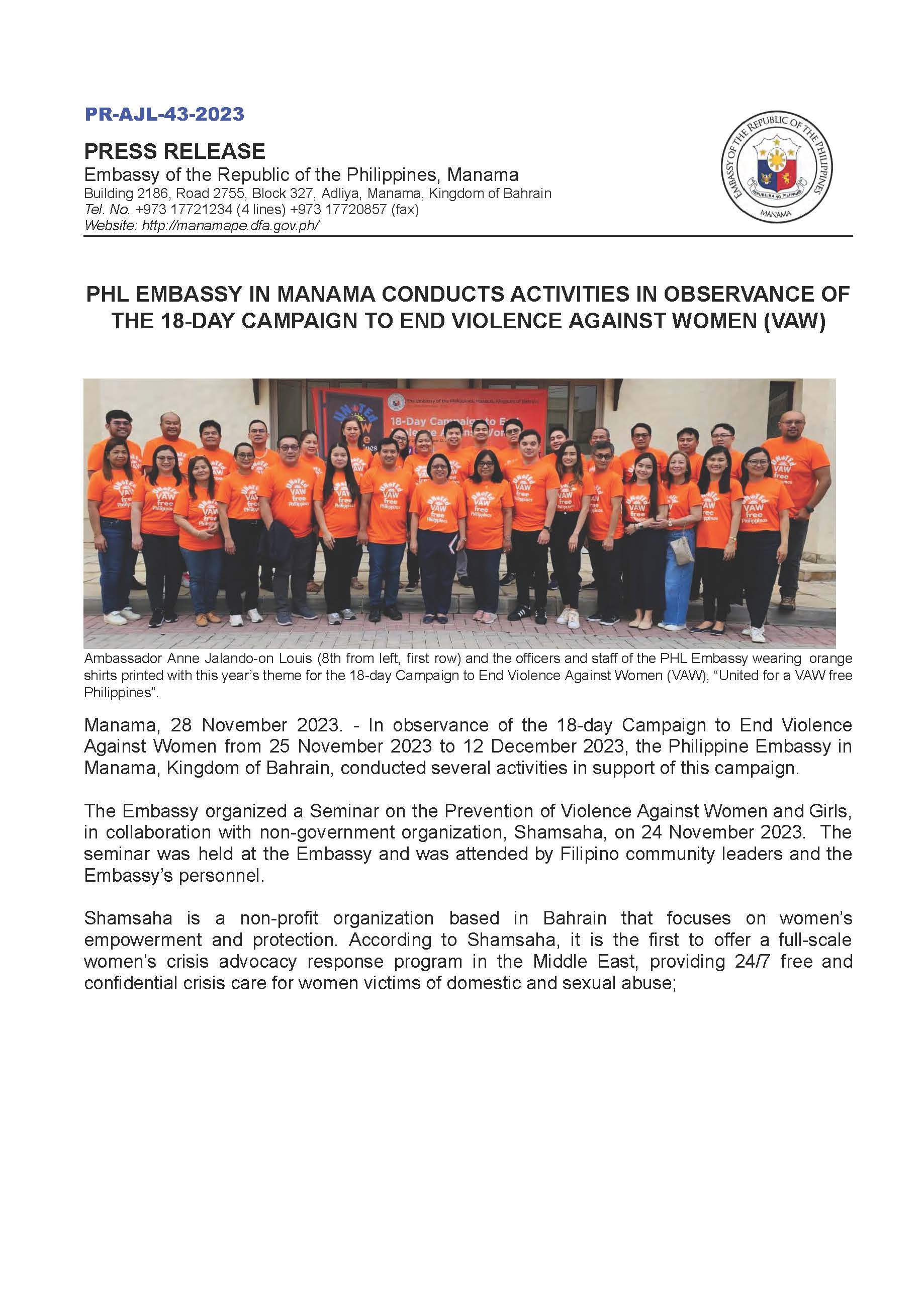 PR AJL 43 2023 PHL EMBASSY IN MANAMA CONDUCTS ACTIVITIES IN OBSERVANCE OF THE 18 DAY CAMPAIGN TO END VIOLENCE AGAINST WOMEN VAW Page 1