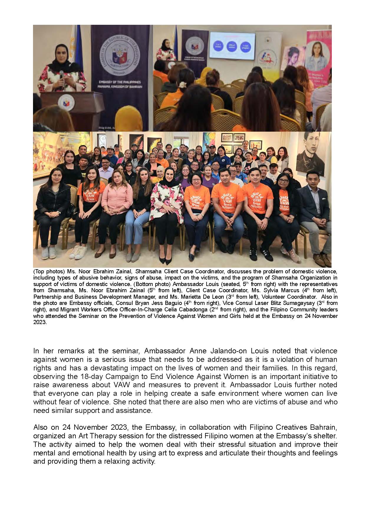 PR AJL 43 2023 PHL EMBASSY IN MANAMA CONDUCTS ACTIVITIES IN OBSERVANCE OF THE 18 DAY CAMPAIGN TO END VIOLENCE AGAINST WOMEN VAW Page 2