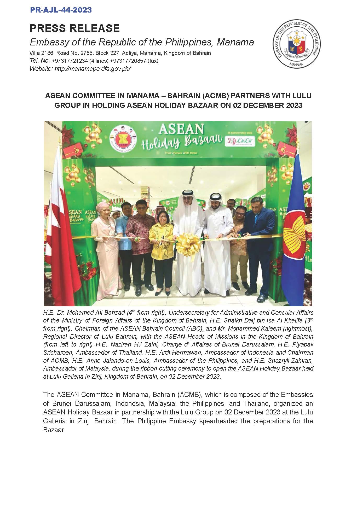 PR AJL 44 2023 ASEAN COMMITTEE IN MANAMA BAHRAIN ACMB PARTNERS WITH LULU GROUP IN HOLDING ASEAN HOLIDAY BAZAAR ON 2 DECEMBER 2023 Page 1