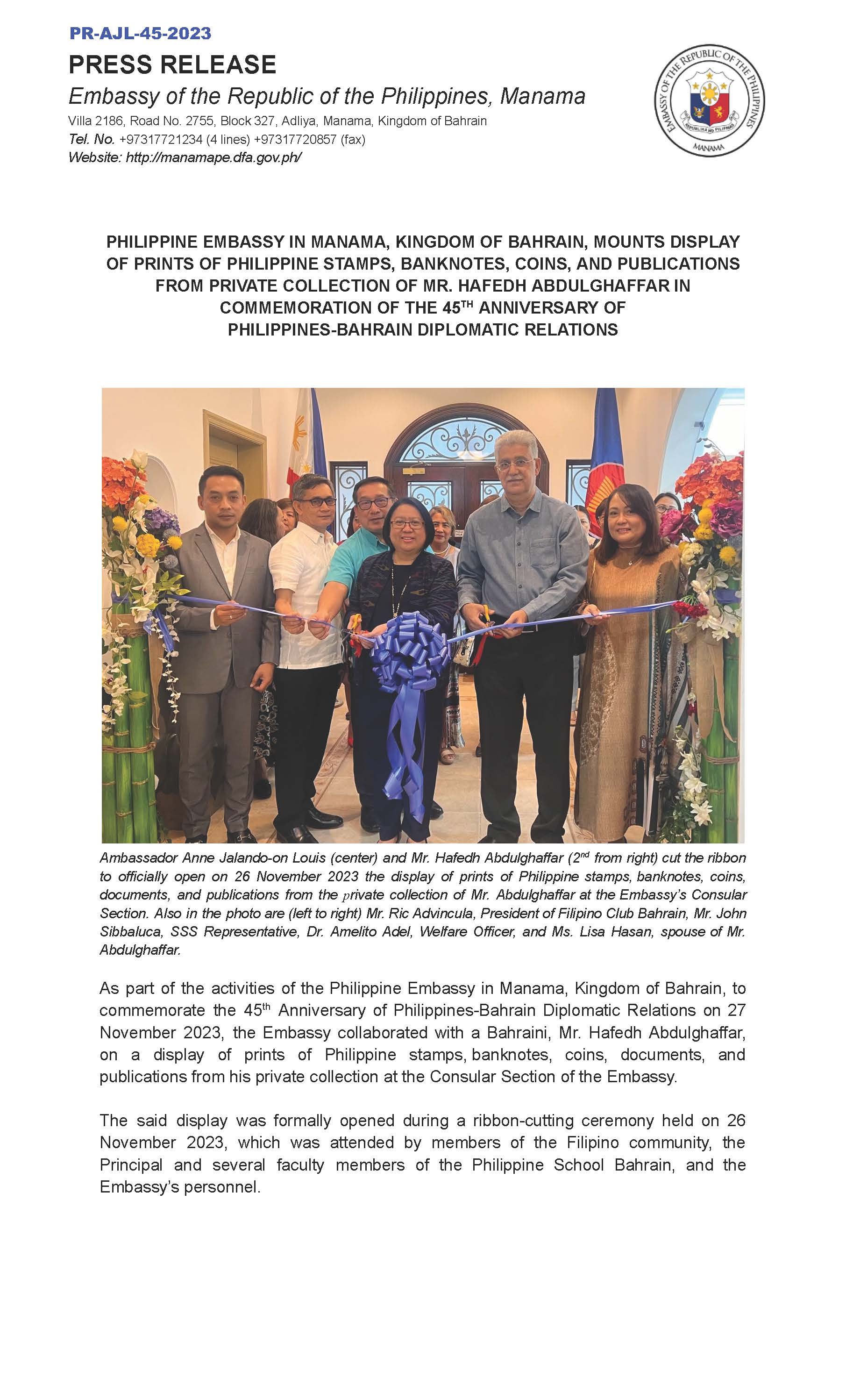 PR AJL 45 2023 PHILIPPINE EMBASSY IN MANAMA KINGDOM OF BAHRAIN MOUNTS DISPLAY OF PRINTS OF PHILIPPINE STAMPS BANKNOTES COINS AND PUBLICATIONS FROM PRIVATE COLLECTION OF MR. HAFEDH ABDULGHAFFAR Page 1