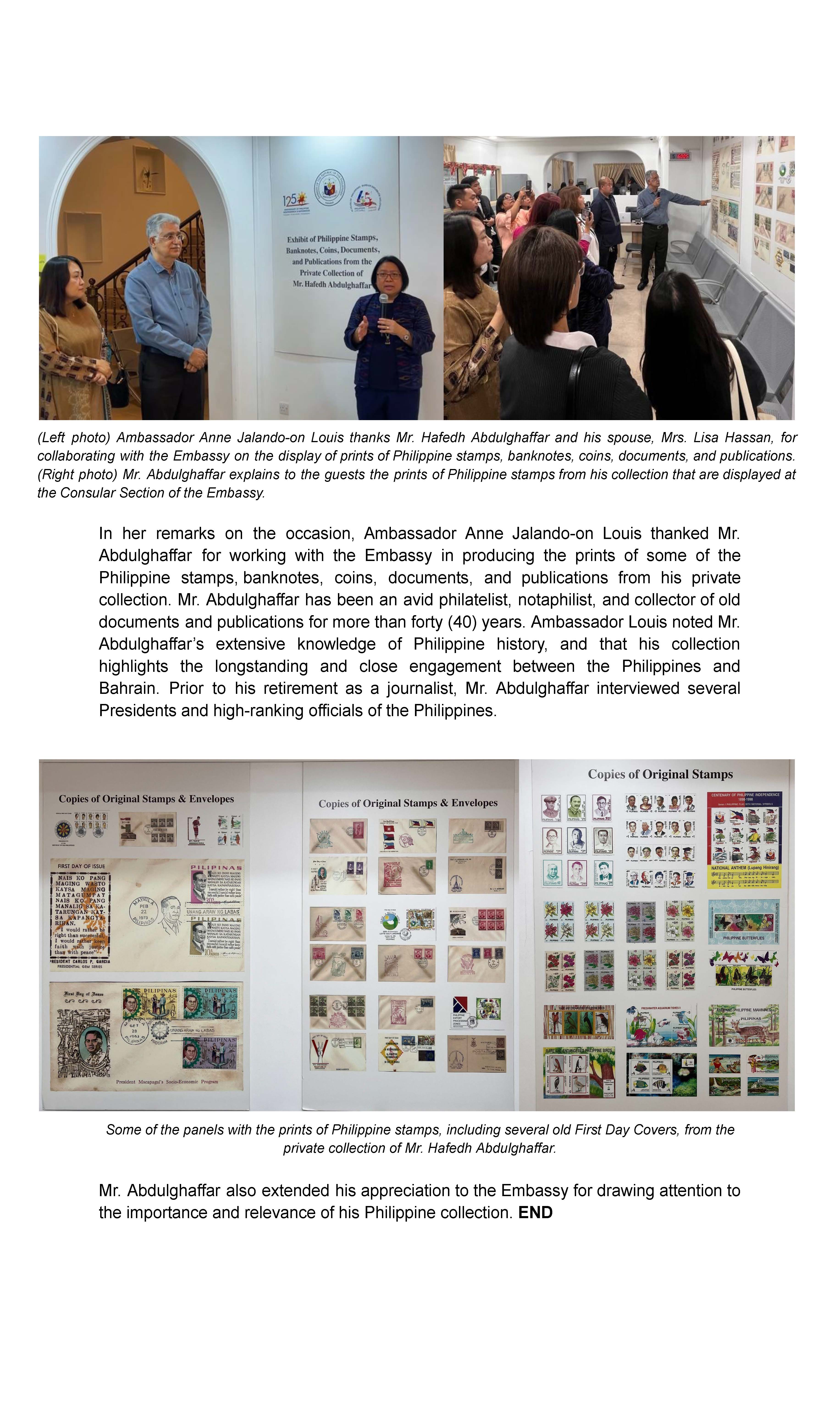 PR AJL 45 2023 PHILIPPINE EMBASSY IN MANAMA KINGDOM OF BAHRAIN MOUNTS DISPLAY OF PRINTS OF PHILIPPINE STAMPS BANKNOTES COINS AND PUBLICATIONS FROM PRIVATE COLLECTION OF MR. HAFEDH ABDULGHAFFAR Page 2