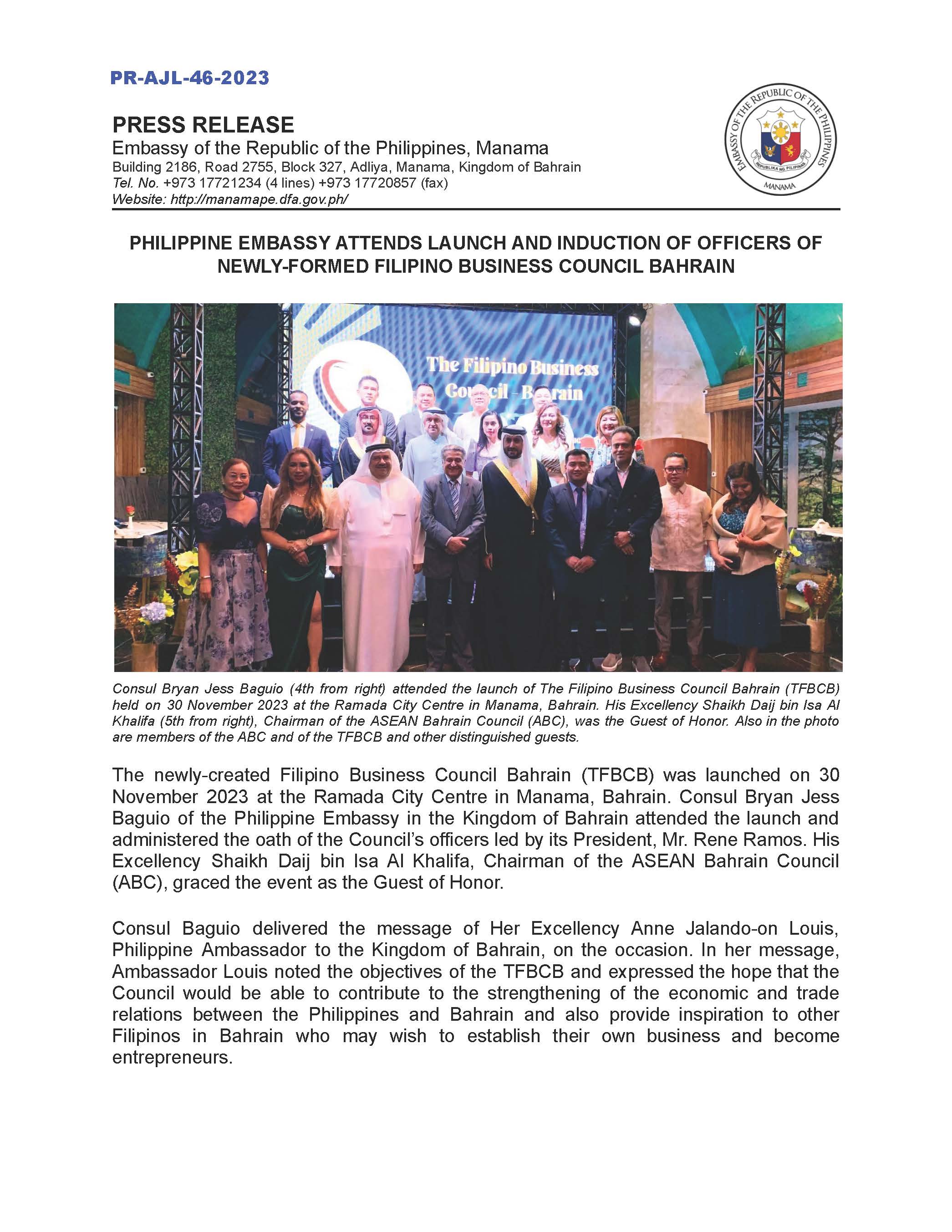 PR AJL 46 2023 PHILIPPINE EMBASSY ATTENDS LAUNCH AND INDUCTION OF OFFICERS OF NEWLY FORMED FILIPINO BUSINESS COUNCIL BAHRAIN Page 1