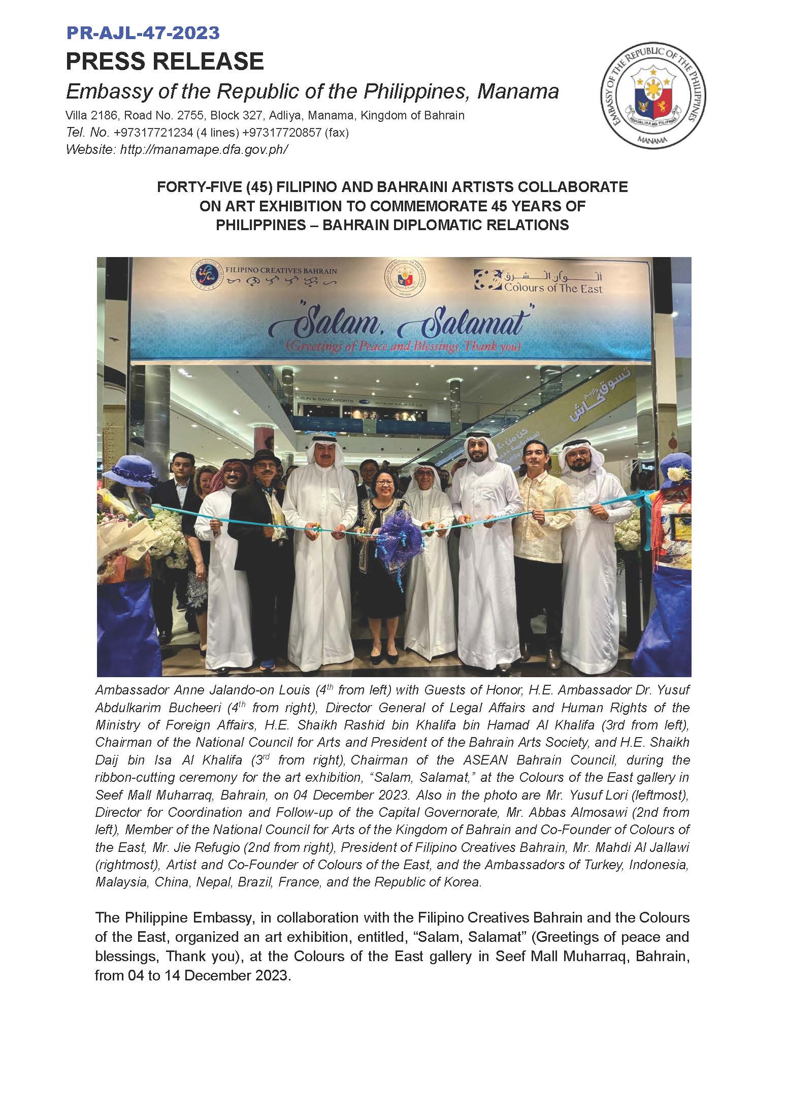 PR AJL 47 2023 Forty Five Filipino and Bahraini Artists Collaborate on Art Exhibition to Commemorate 45 Years of PH BAH Diplomatic Relations Page 1