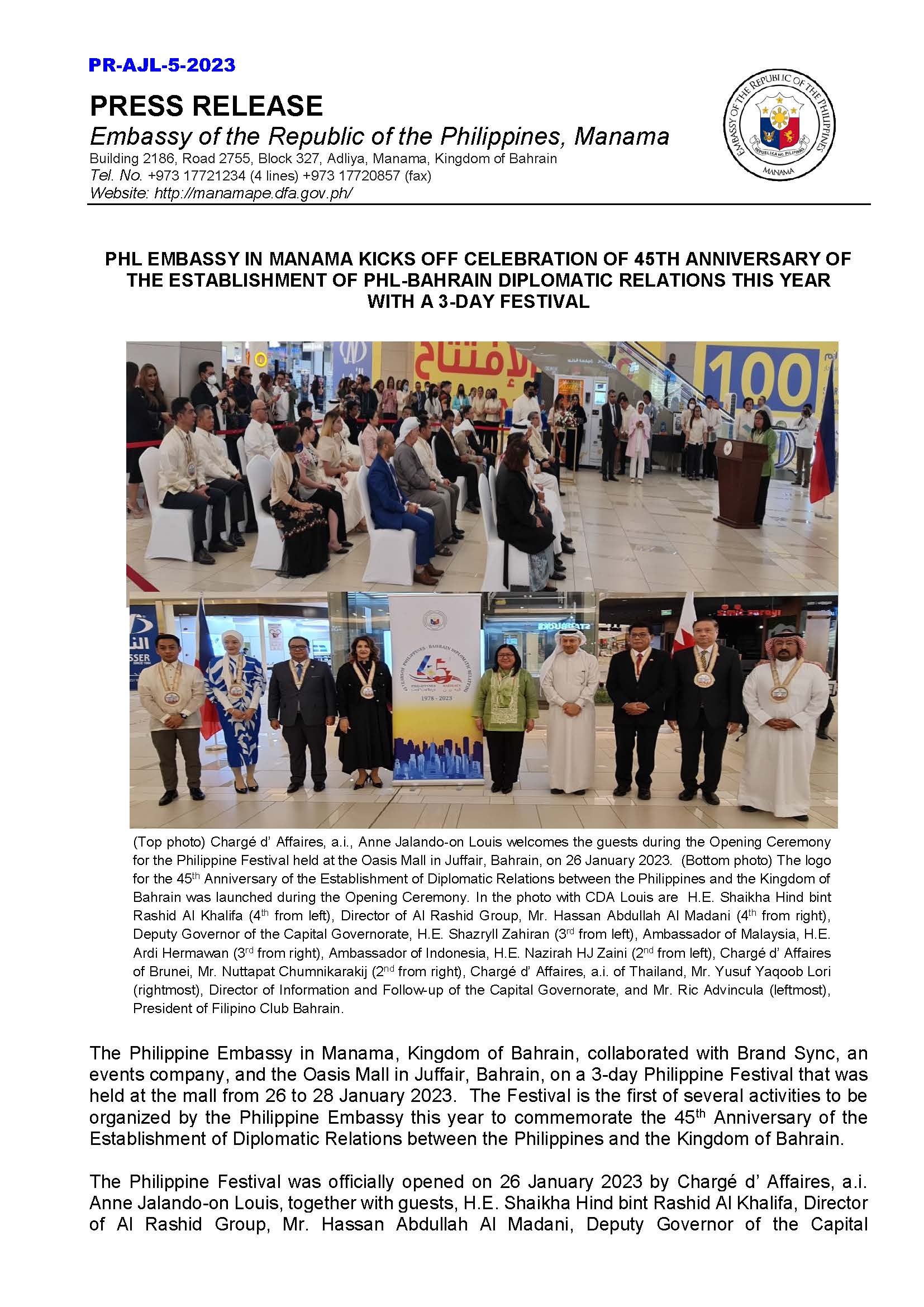 PR AJL 5 2023 PHL EMBASSY IN MANAMA KICKS OFF CELEBRATION OF 45TH ANNIVERSARY OF THE ESTABLISHMENT OF PHL BAHRAIN DIPLOMATIC RELATIONS THIS YEAR WITH A 3 DAY FESTIVAL Page 1