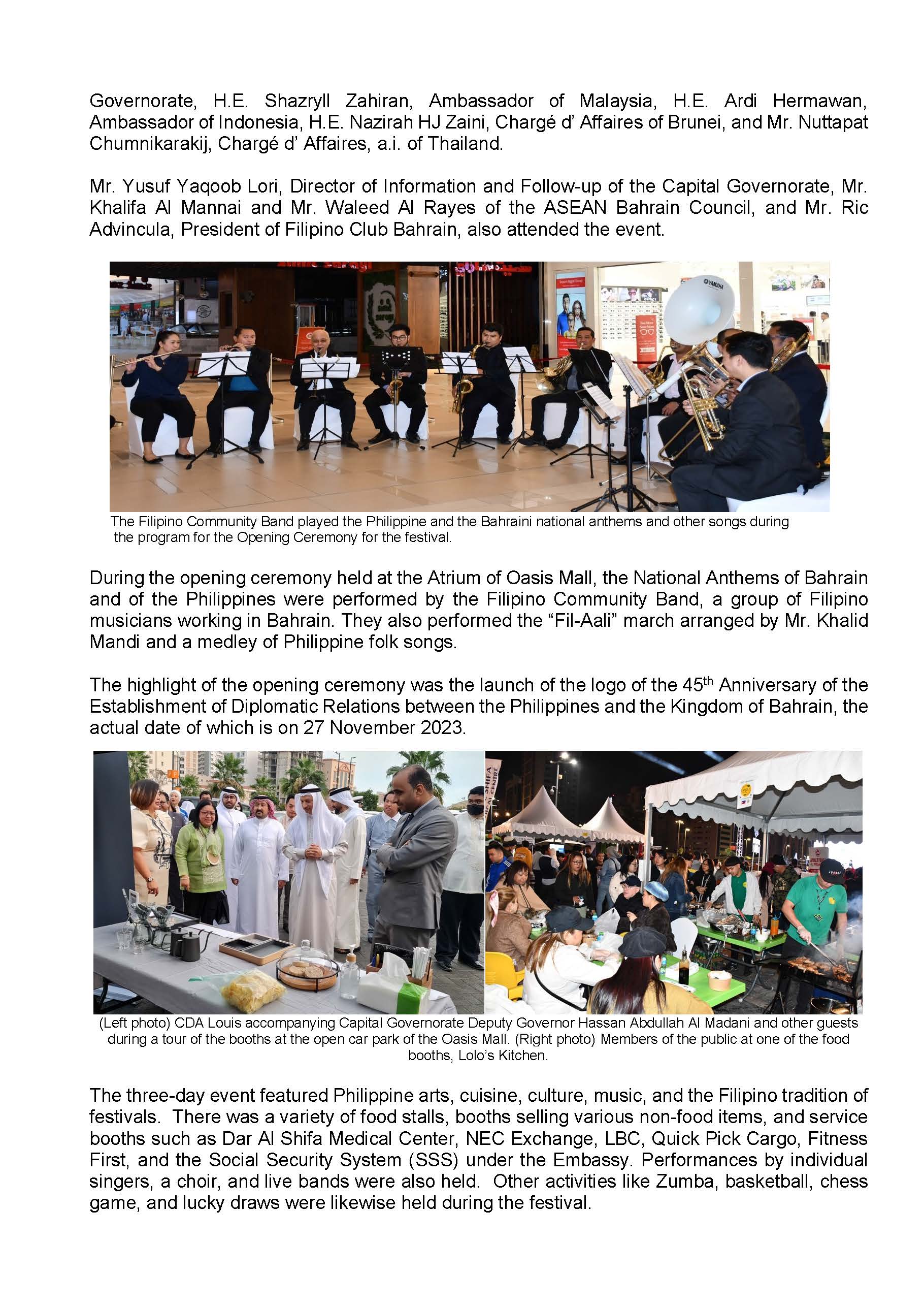 PR AJL 5 2023 PHL EMBASSY IN MANAMA KICKS OFF CELEBRATION OF 45TH ANNIVERSARY OF THE ESTABLISHMENT OF PHL BAHRAIN DIPLOMATIC RELATIONS THIS YEAR WITH A 3 DAY FESTIVAL Page 2