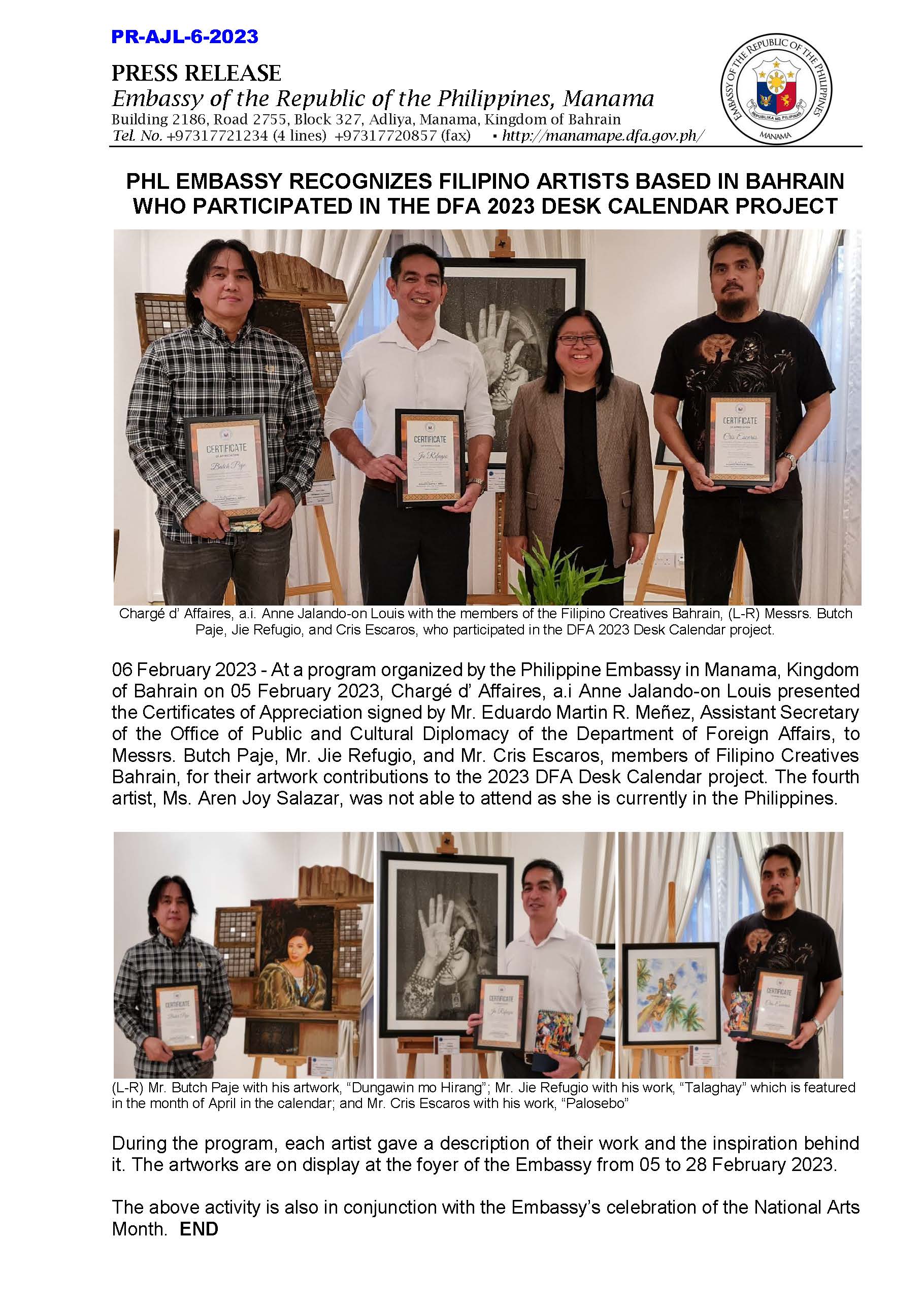 PR AJL 6 2023 PHL EMBASSY RECOGNIZES FILIPINO ARTISTS BASED IN BAHRAIN WHO PARTICIPATED IN THE DFA 2023 DESK CALENDAR PROJECT