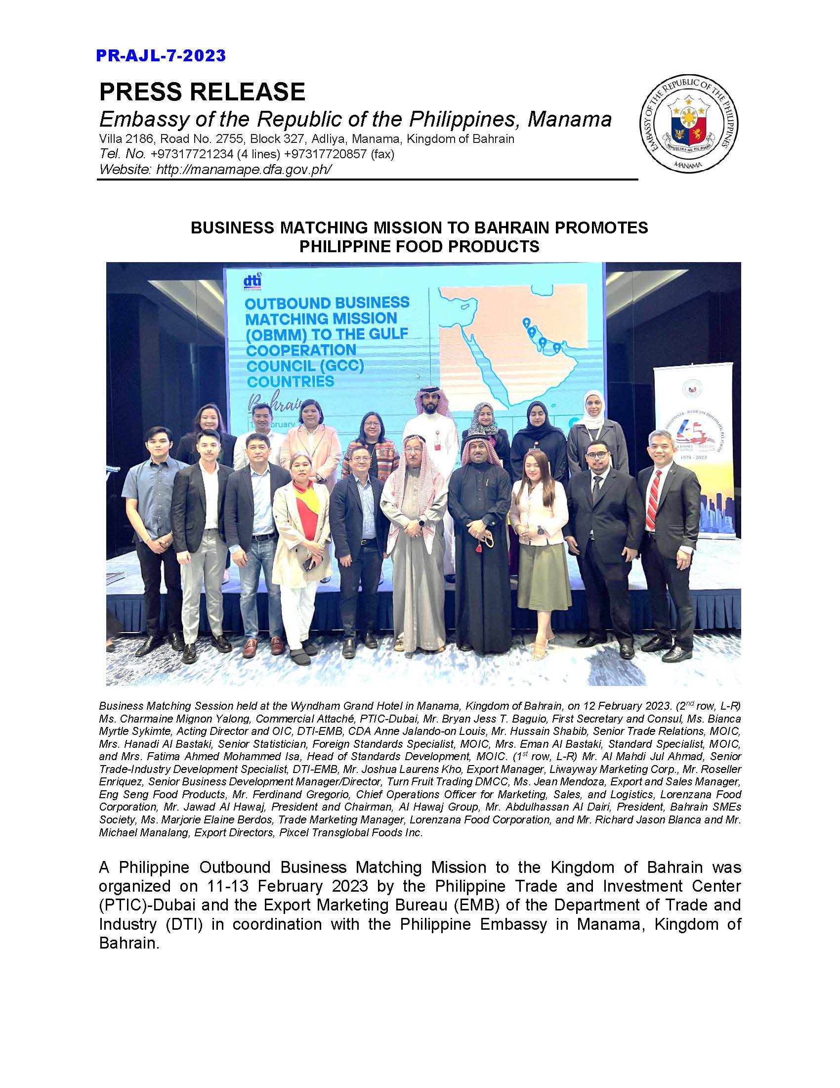 PR AJL 7 2023 Business Matching Mission to Bahrain Promotes Philippine Food Products Page 1