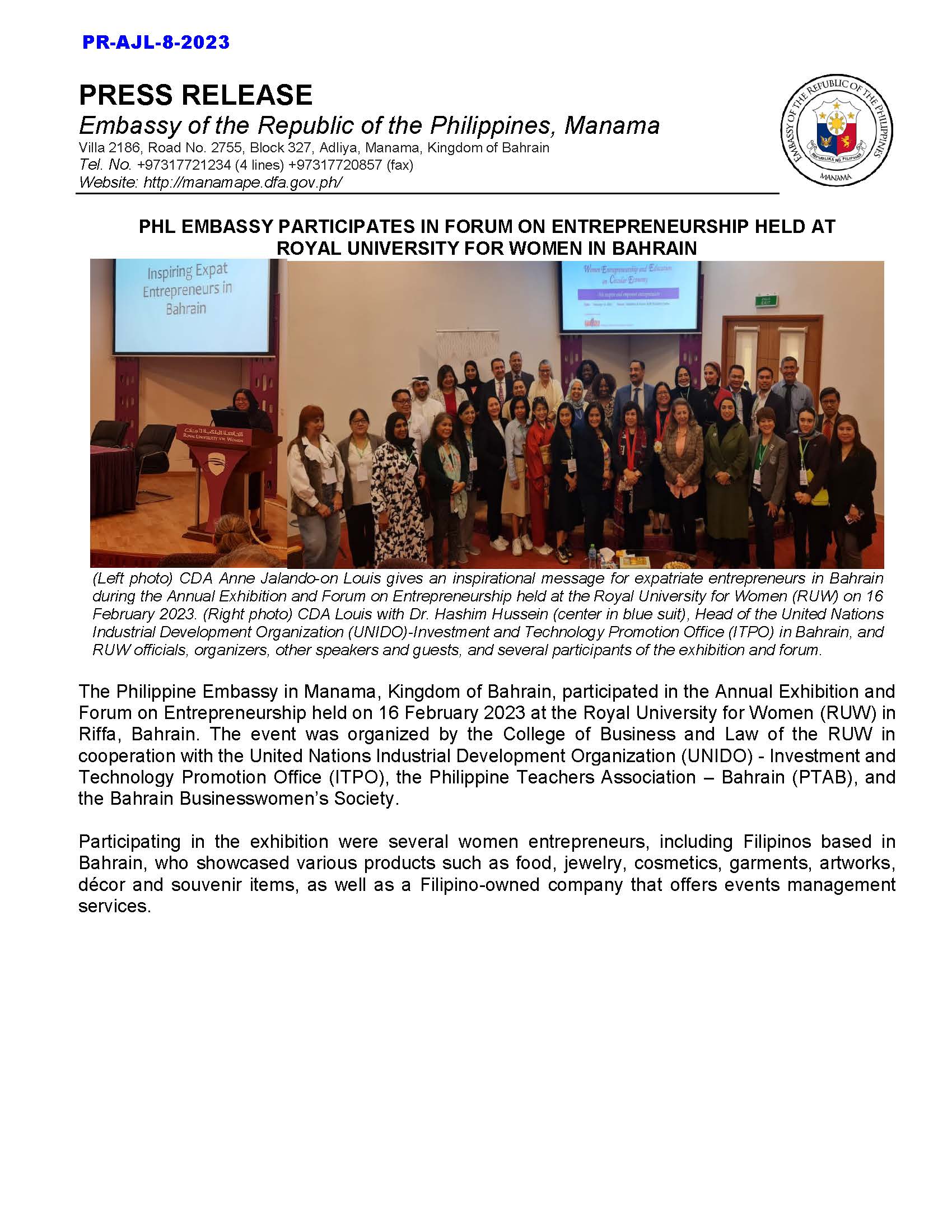 PR AJL 8 2023 PHL EMBASSY PARTICIPATES IN FORUM ON ENTREPRENEURSHIP HELD AT ROYAL UNIVERSITY FOR WOMEN IN BAHRAIN Page 1