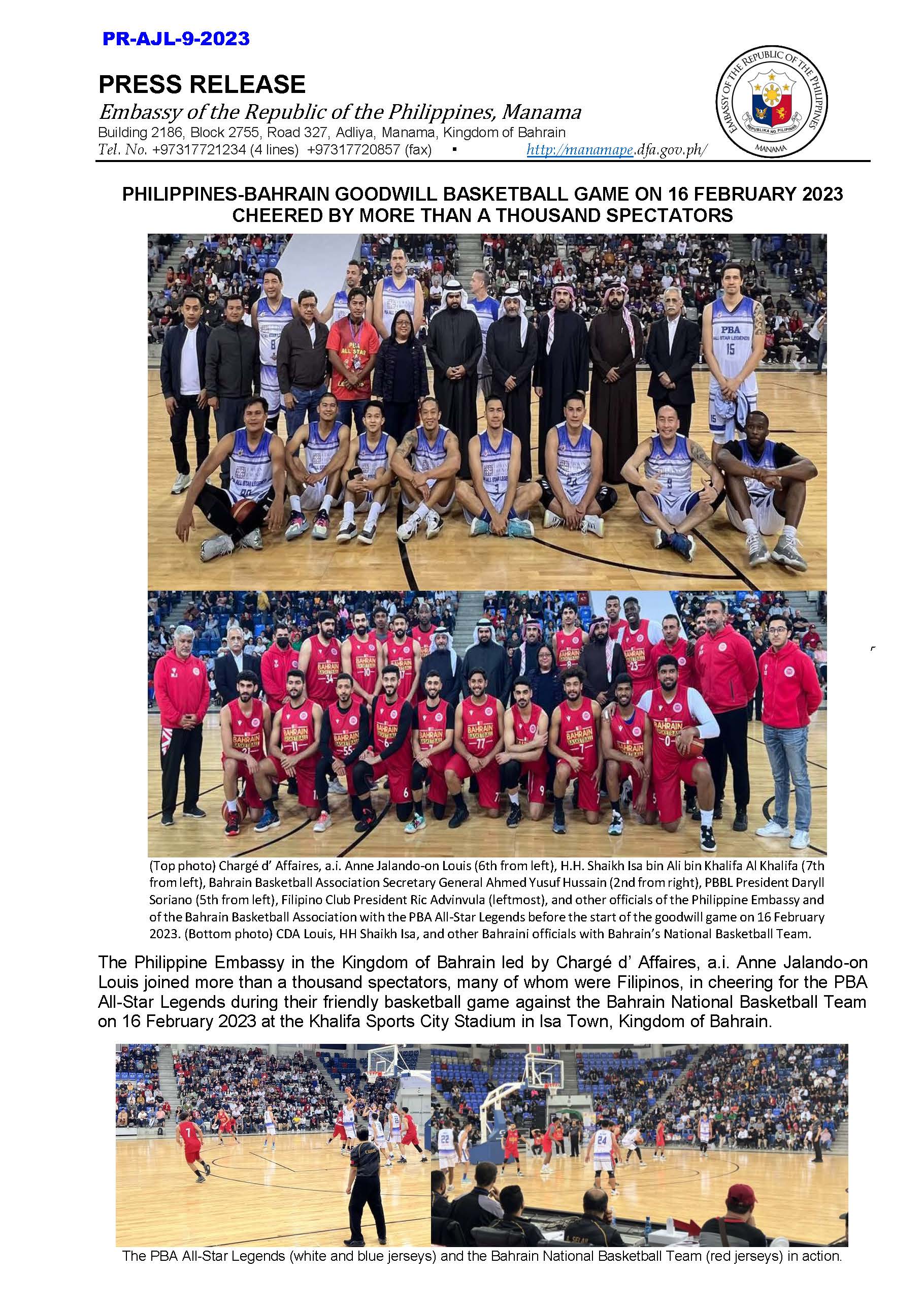 PR AJL 9 2023 PHILIPPINES BAHRAIN GOODWILL BASKETBALL GAME ON 16 FEBRUARY 2023 CHEERED BY MORE THAN A THOUSAND SPECTATORS Page 1