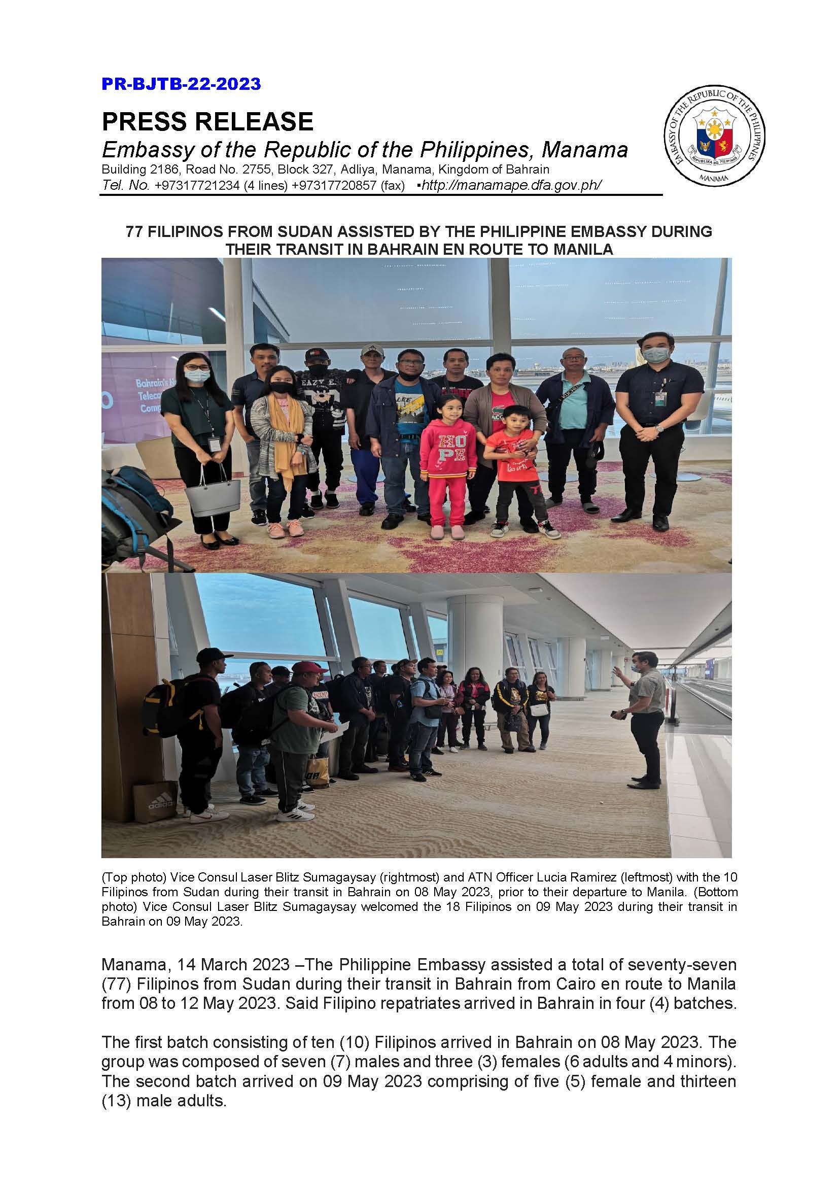 PR BJTB 22 2023 77 FILIPINOS FROM SUDAN ASSISTED BY THE PHILIPPINE EMBASSY DURING THEIR TRANSIT IN BAHRAIN EN ROUTE TO MANILA Page 1