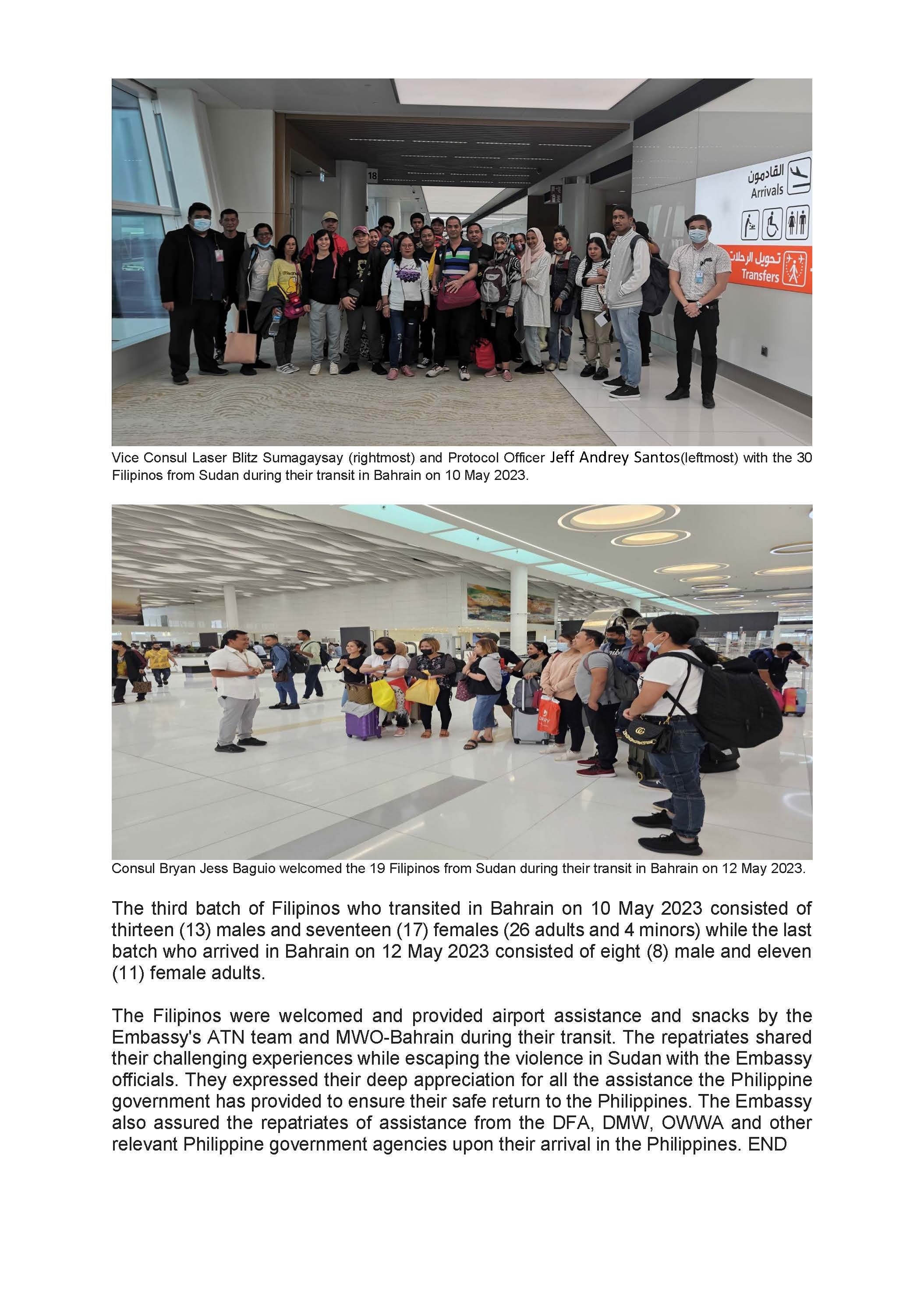 PR BJTB 22 2023 77 FILIPINOS FROM SUDAN ASSISTED BY THE PHILIPPINE EMBASSY DURING THEIR TRANSIT IN BAHRAIN EN ROUTE TO MANILA Page 2
