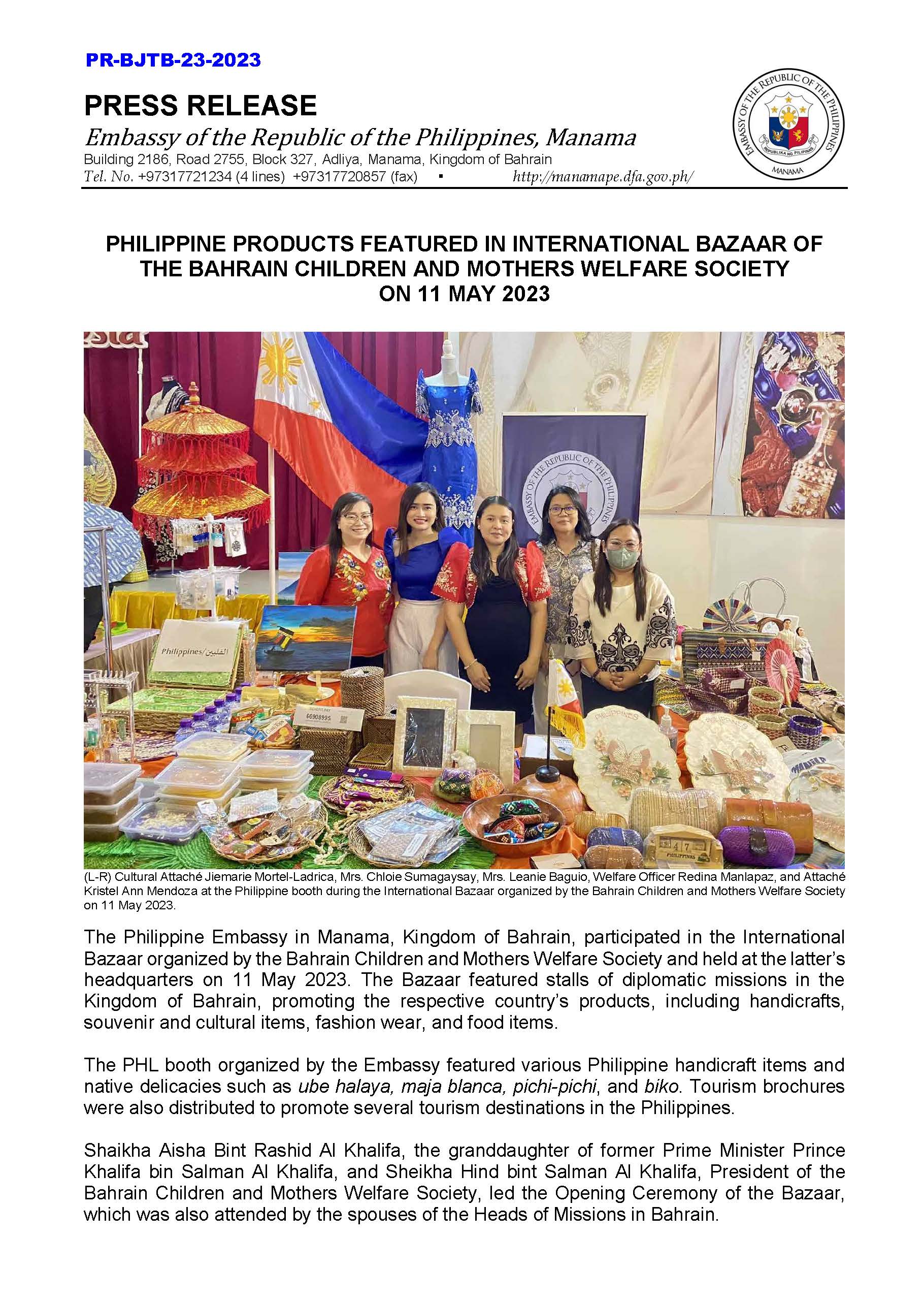 PR BJTB 23 2023 PHILIPPINE PRODUCTS FEATURED IN INTERNATIONAL BAZAAR OF THE BAHRAIN CHILDREN AND MOTHERS WELFARE SOCIETY ON 11 MAY 2023 Page 1