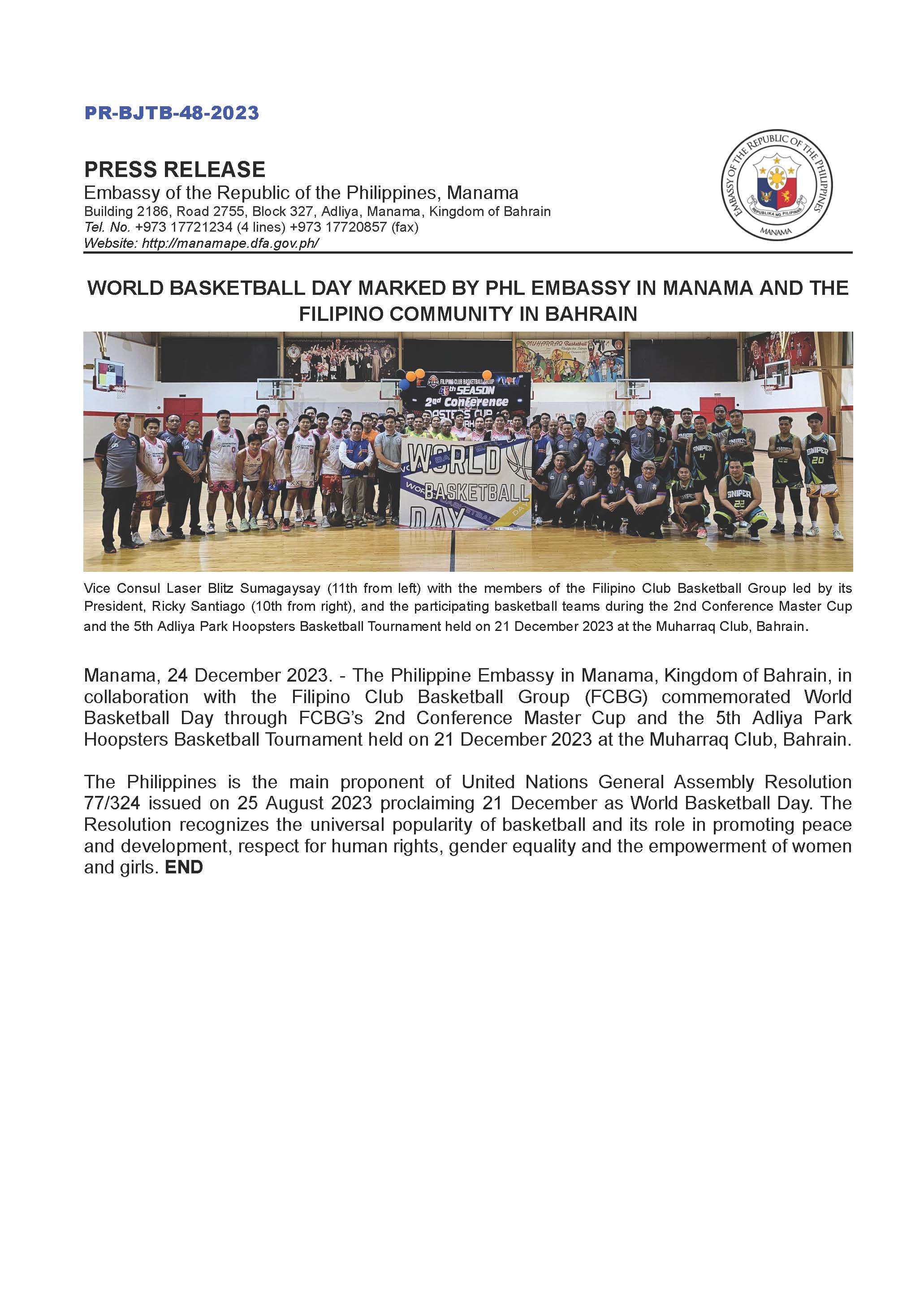 PR BJTB 48 2023 WORLD BASKETBALL DAY MARKED BY PHL EMBASSY IN MANAMA AND THE FILIPINO COMMUNITY IN BAHRAIN