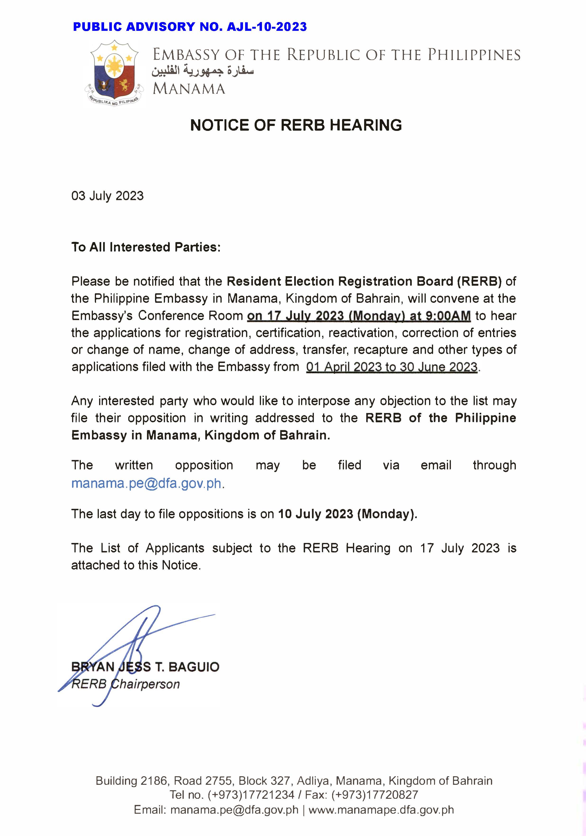 PUBLIC ADVISORY NO. AJL 10 2023 Notice of 2nd RERB Hearing 17 July 2023 Page 01