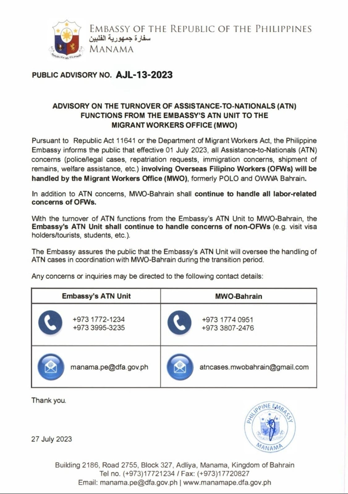 PUBLIC ADVISORY NO. AJL 13 2023 ADVISORY ON THE TURNOVER OF ASSISTANCE TO NATIONALS ATN FUNCTIONS FROM THE EMBASSYS ATN UNIT TO THE MIGRANT WORKERS OFFICE MWO