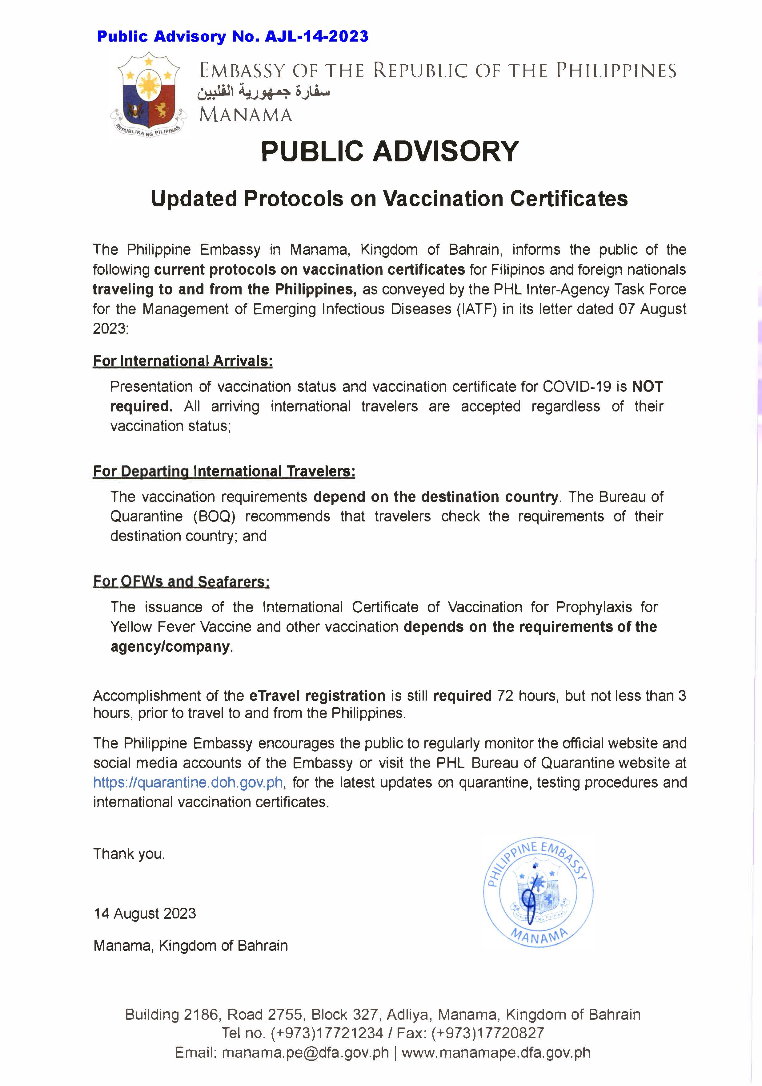 PUBLIC ADVISORY NO. AJL 14 2023 Updated Protocols on Vaccination Certificates