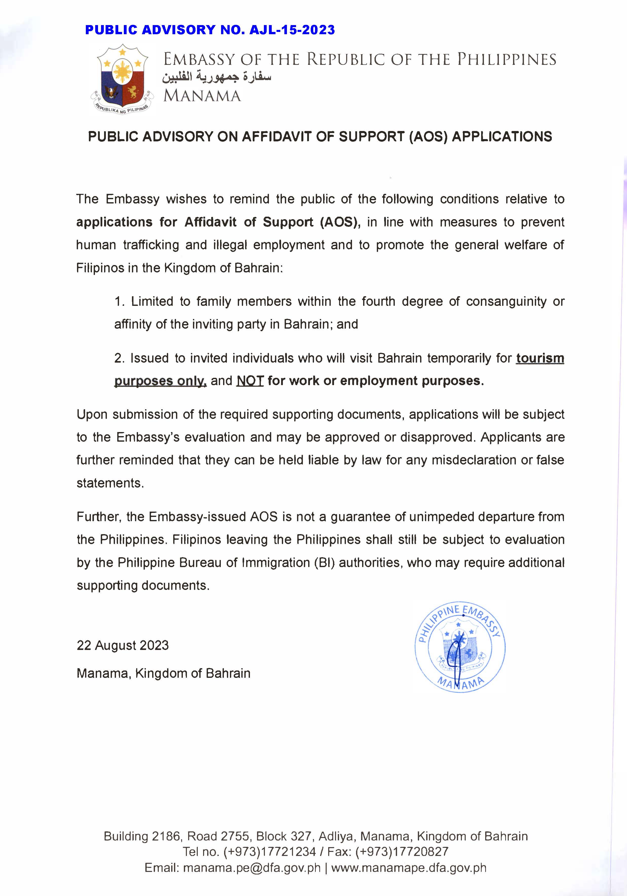 PUBLIC ADVISORY NO. AJL 15 2023 ON AFFIDAVIT OF SUPPORT AOS APPLICATIONS Page 1