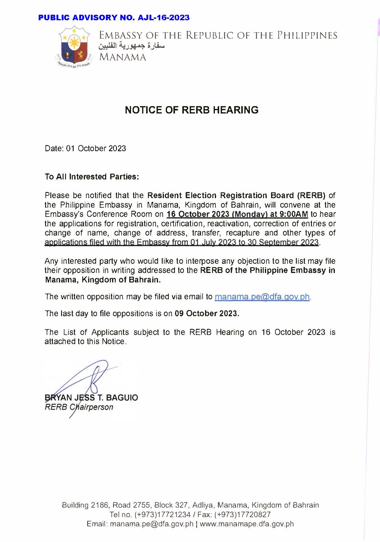 PUBLIC ADVISORY NO. AJL 16 2023 Notice of RERB Hearing 16 October 2023 Page 01