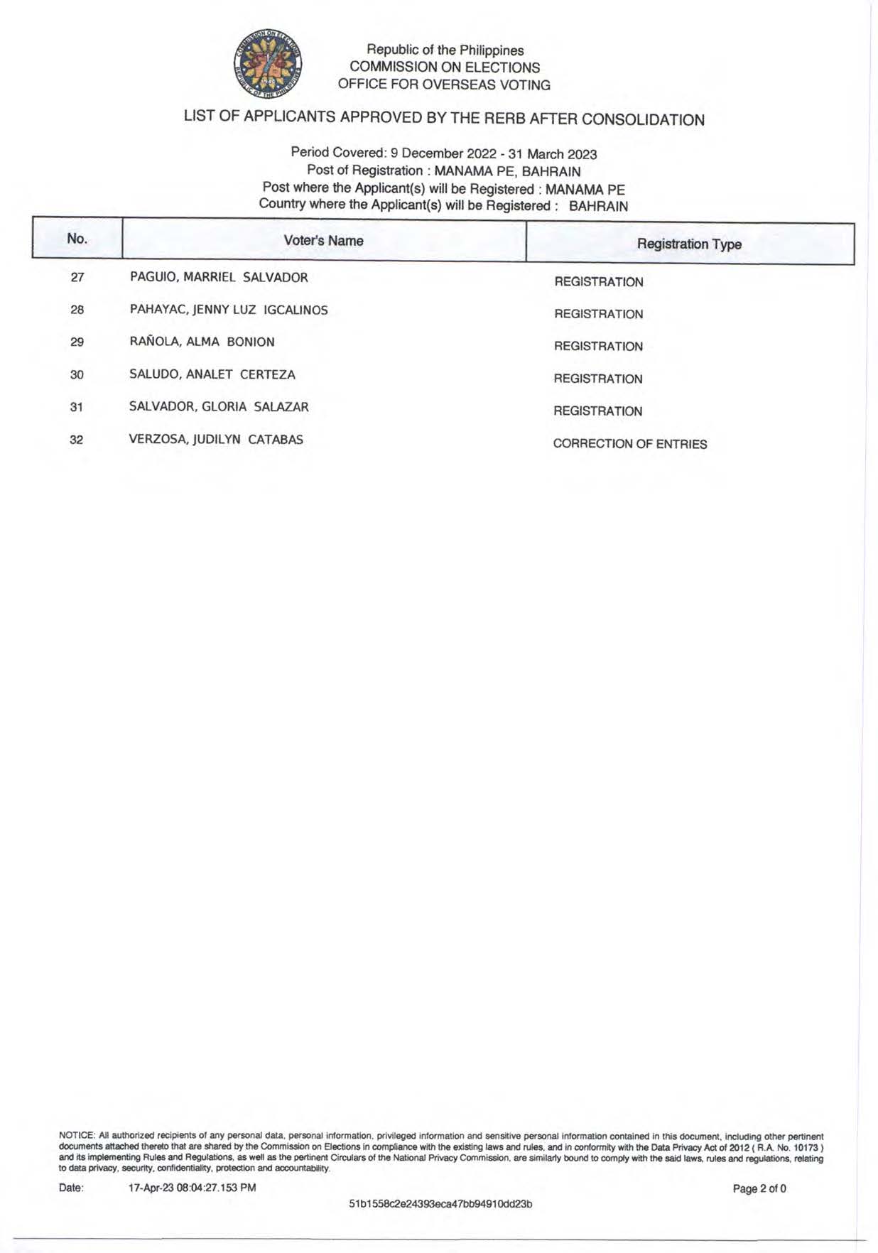 PUBLIC ADVISORY NO. AJL 9 2023 List of Applicants Approved by the RERB after Consolidation Page 2