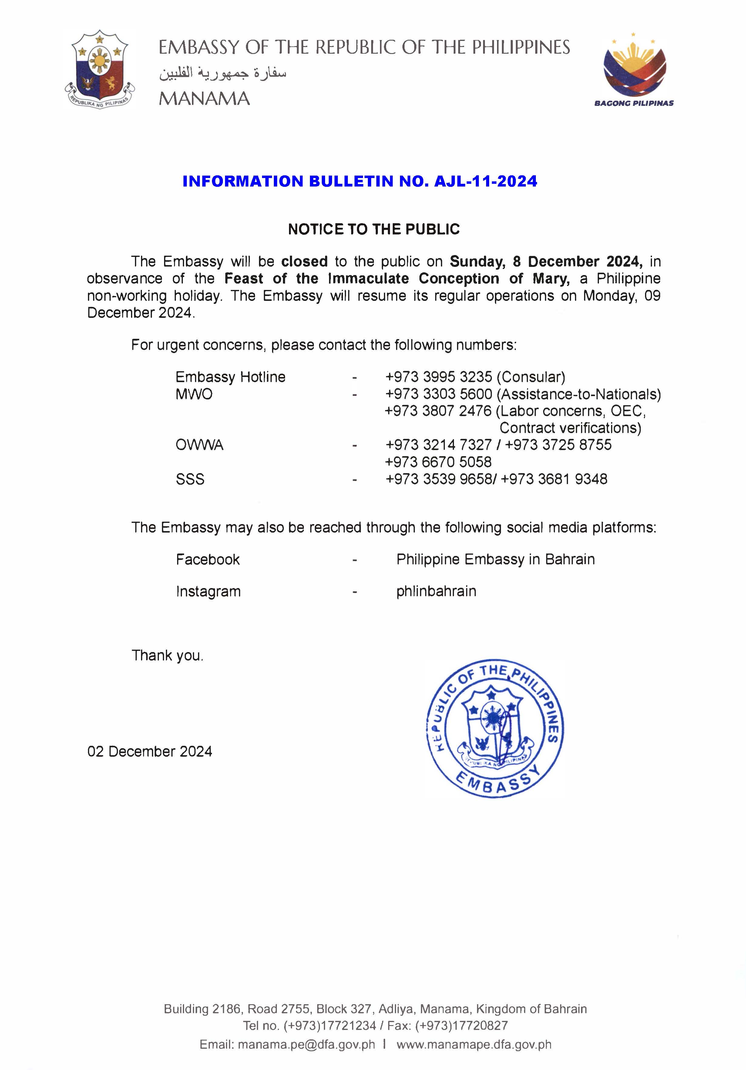 INFORMATION BULLETIN NO. AJL 11 2024 OBSERVANCE OF THE FEAST OF THE IMMACULATE CONCEPTION OF MARY 08 DECEMBER 2024