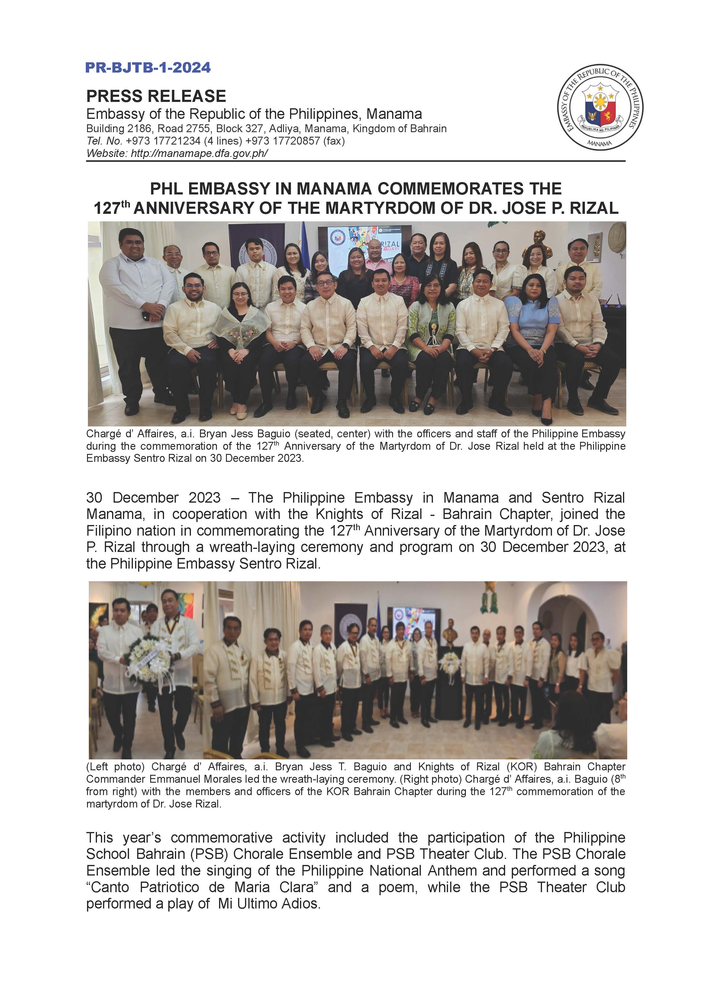PR BJTB 1 2024 PHL EMBASSY IN MANAMA COMMEMORATES THE 127TH ANNIVERSARY OF THE MARTYRDOM OF DR. JOSE P. RIZAL Page 1