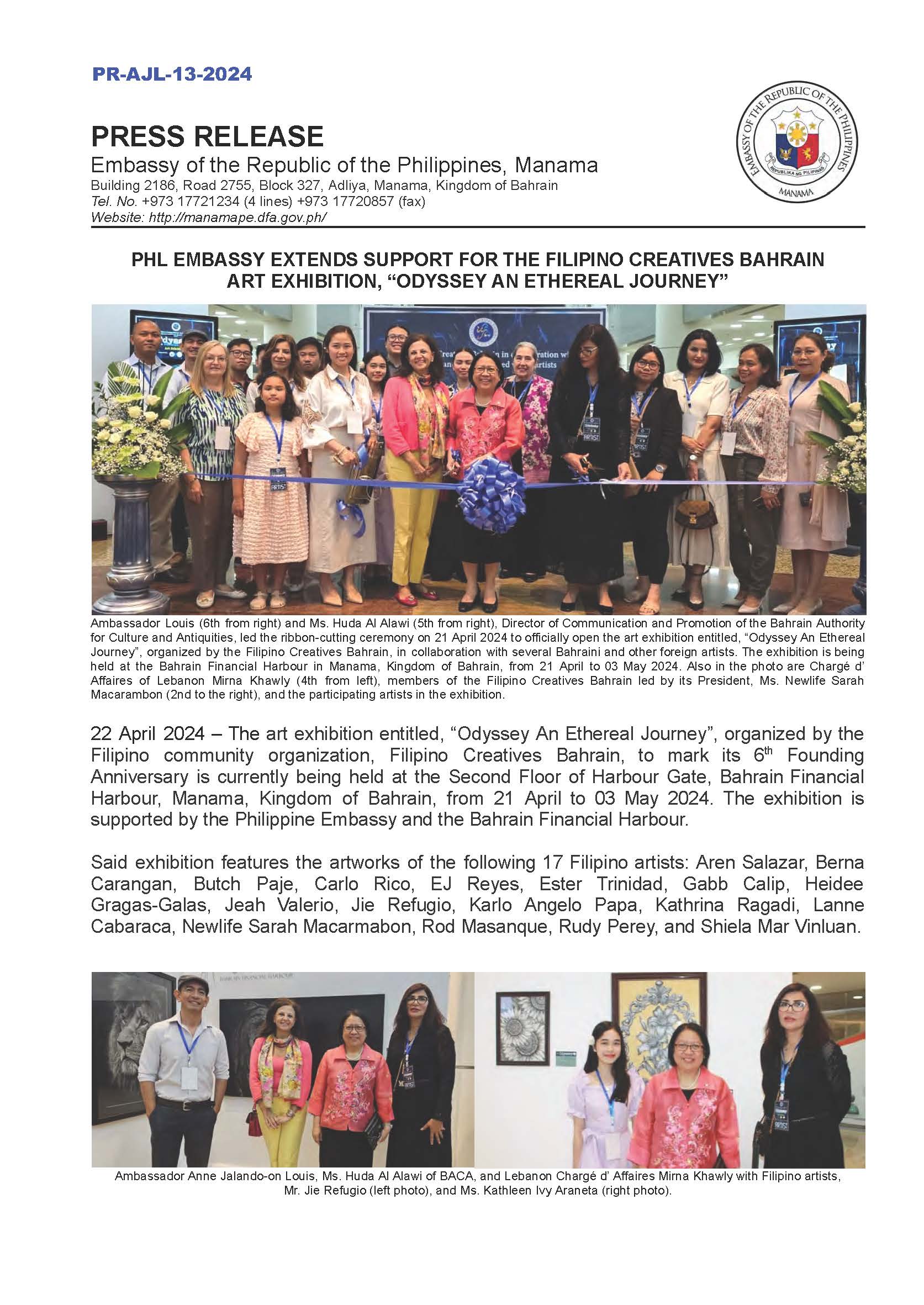 PR AJL 13 2024 PHL EMBASSY EXTENDS SUPPORT FOR THE FILIPINO CREATIVES BAHRAIN ART EXHIBITION ODYSSEY AN ETHEREAL JOURNEY Page 1