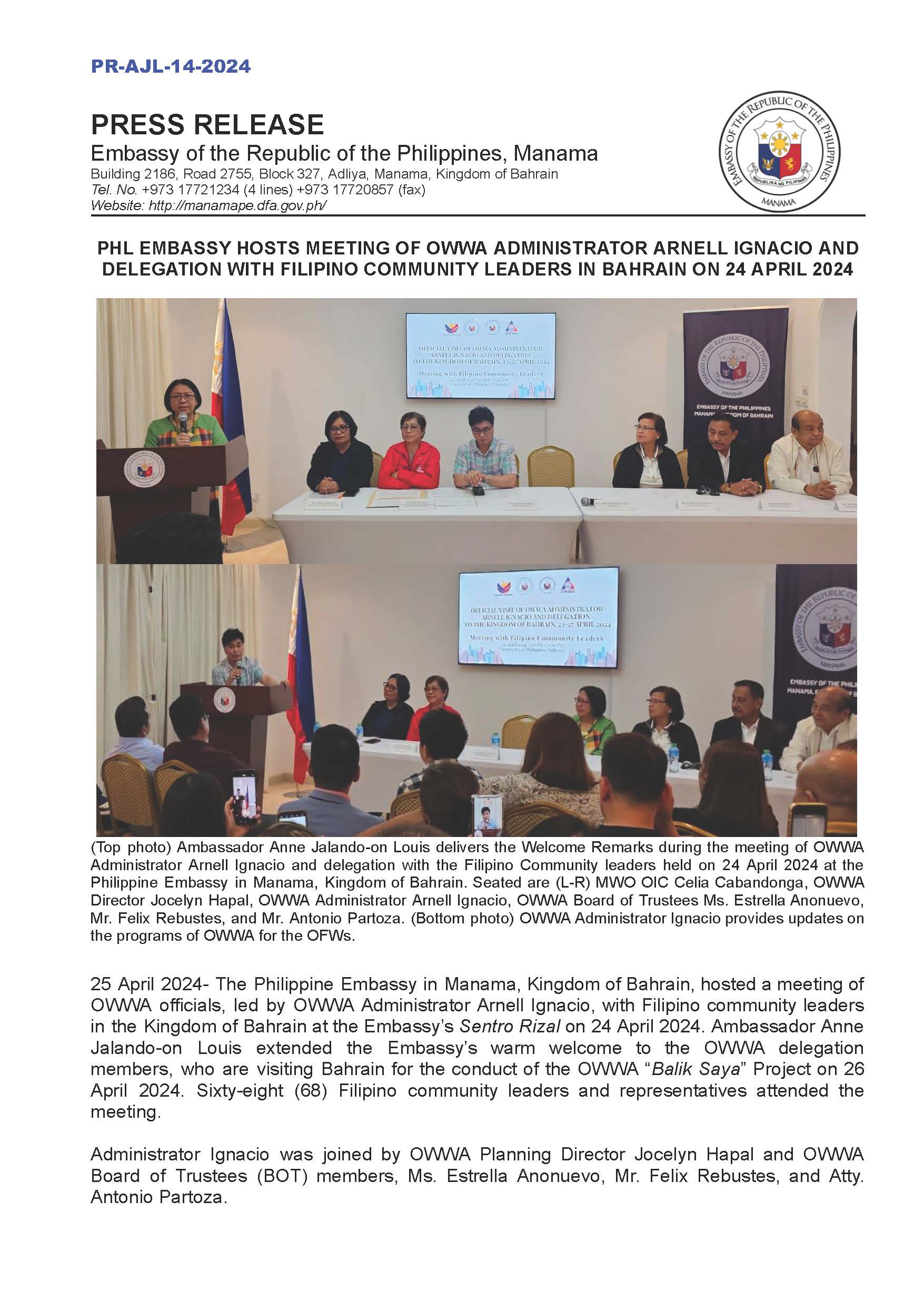 PR AJL 14 2024 PHIL EMBASSY HOSTS MEETING OF OWWA ADMINISTRATOR ARNELL IGNACIO AND DELEGATION WITH FILIPINO COMMUNITY LEADERS IN BAHRAIN ON 24 APRIL 2024 Page 1