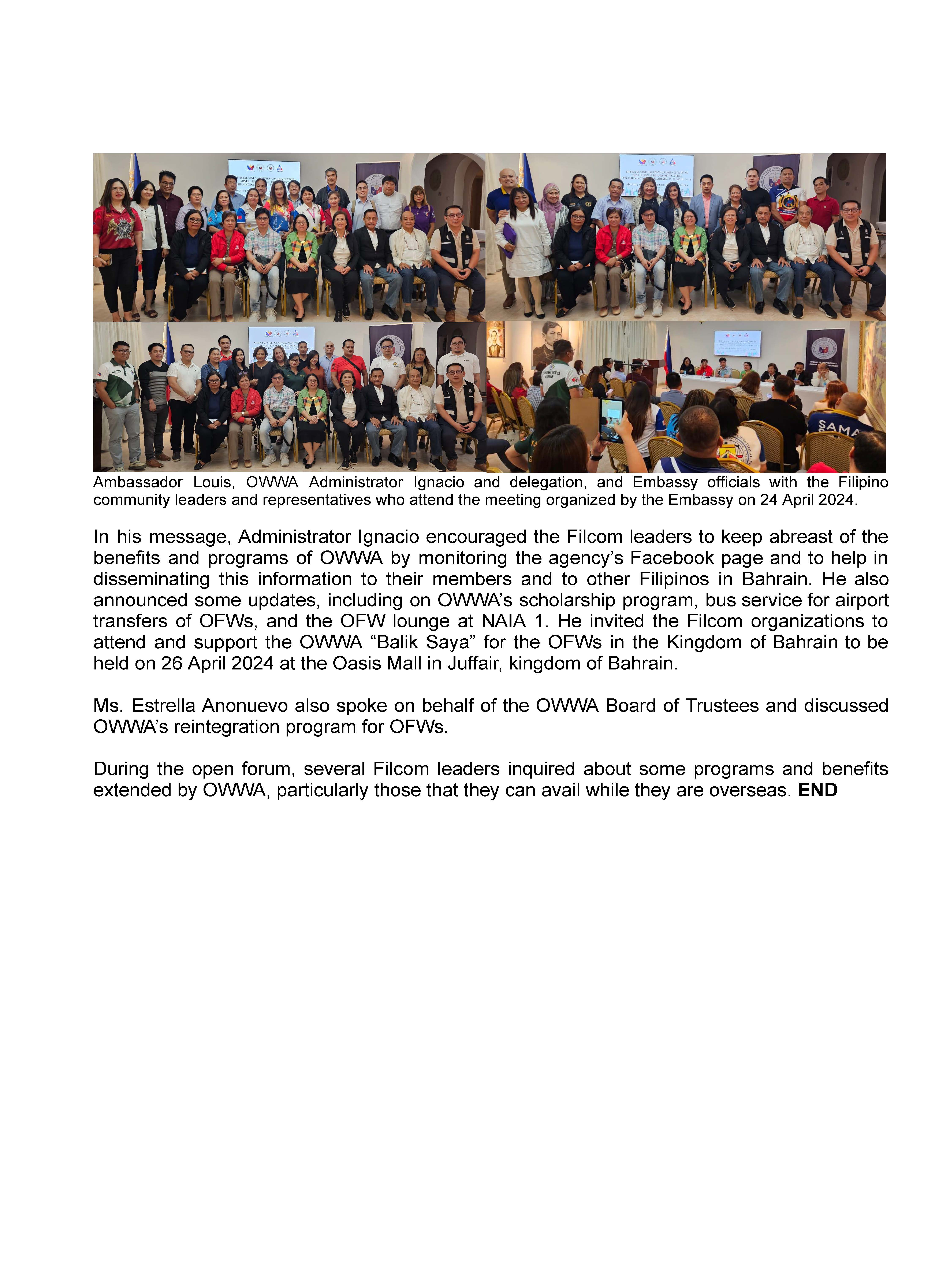 PR AJL 14 2024 PHIL EMBASSY HOSTS MEETING OF OWWA ADMINISTRATOR ARNELL IGNACIO AND DELEGATION WITH FILIPINO COMMUNITY LEADERS IN BAHRAIN ON 24 APRIL 2024 Page 2