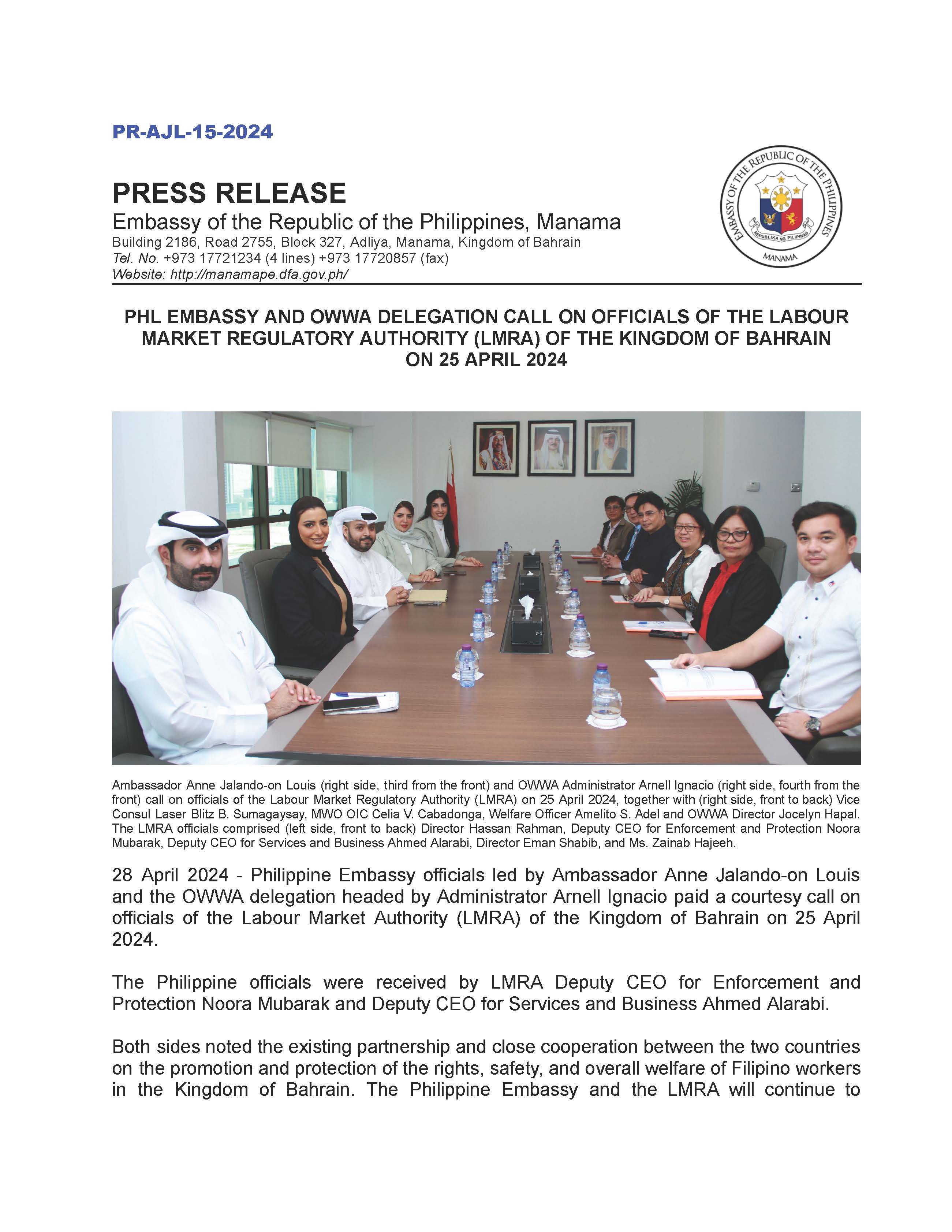 PR AJL 15 2024 PHL EMBASSY AND OWWA DELEGATION CALL ON OFFICIALS OF THE LMRA OF THE KINGDOM OF BAHRAIN Page 1