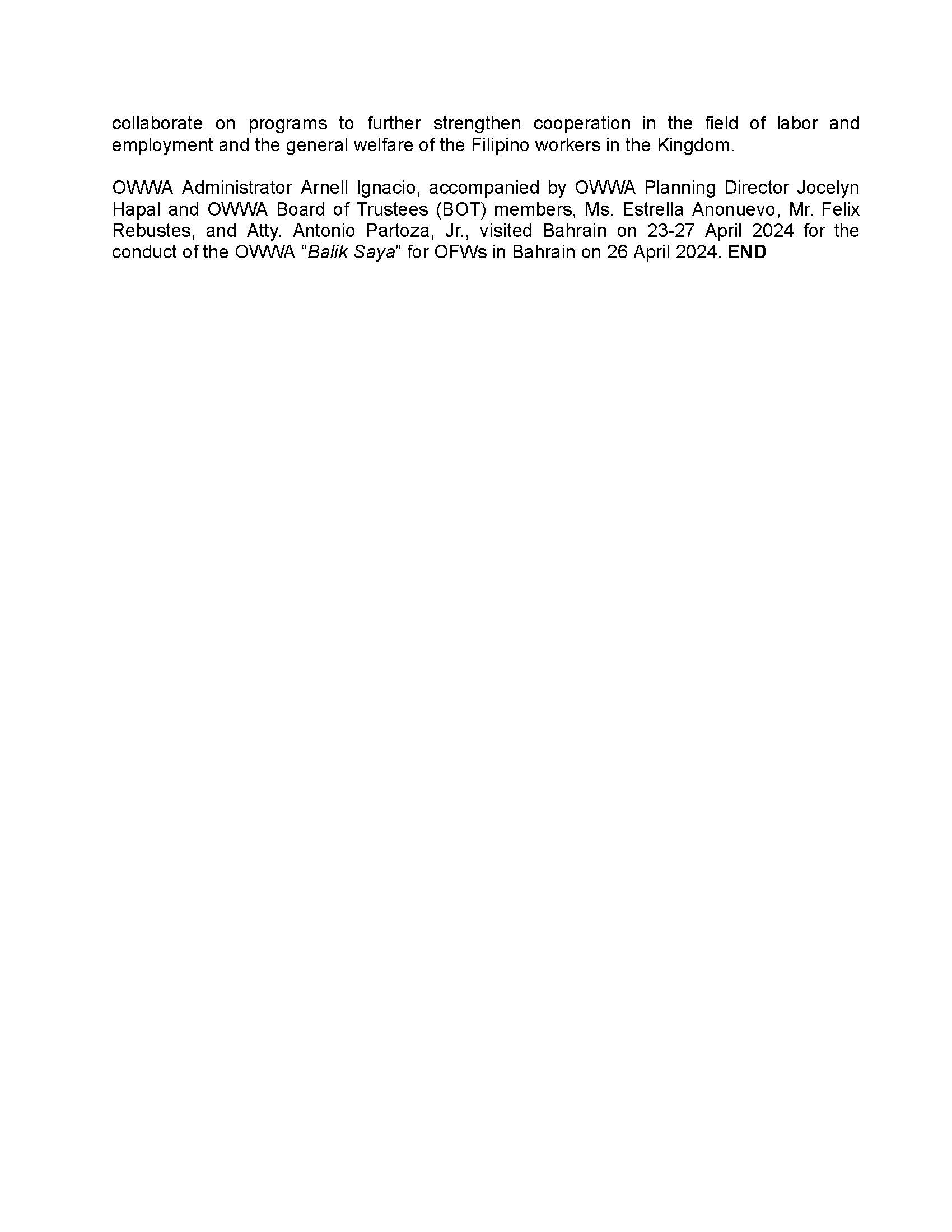 PR AJL 15 2024 PHL EMBASSY AND OWWA DELEGATION CALL ON OFFICIALS OF THE LMRA OF THE KINGDOM OF BAHRAIN Page 2