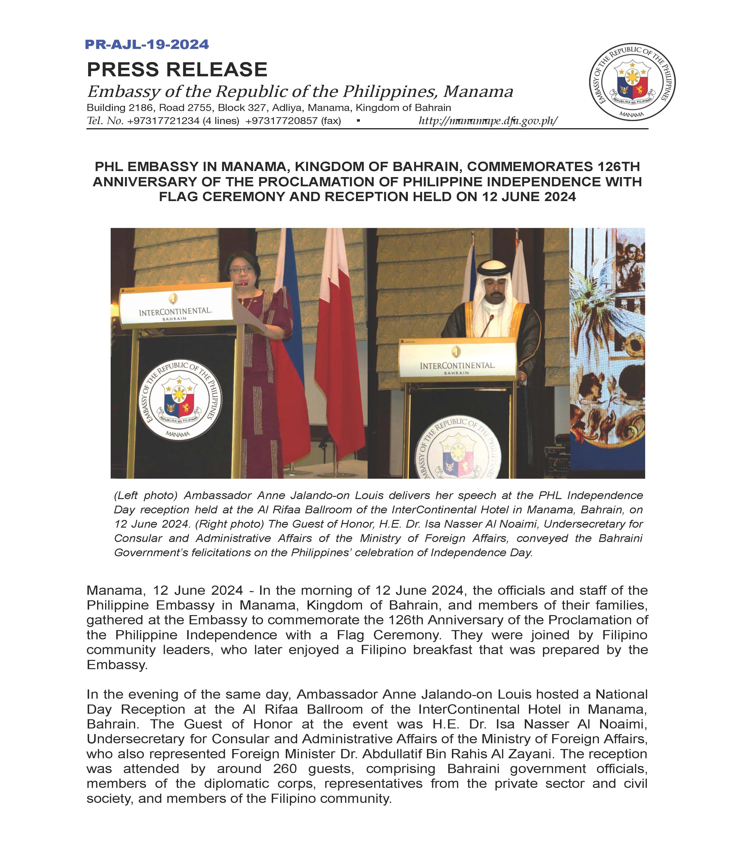 PR AJL 19 2024 PHL EMBASSY IN MANAMA KINGDOM OF BAHRAIN COMMEMORATES 126TH ANNIVERSARY OF THE PROCLAMATION OF PH INDEPENDENCE WITH FLAG CEREMONY AND RECEPTION HELD ON 12 JUNE 2024 Page 1