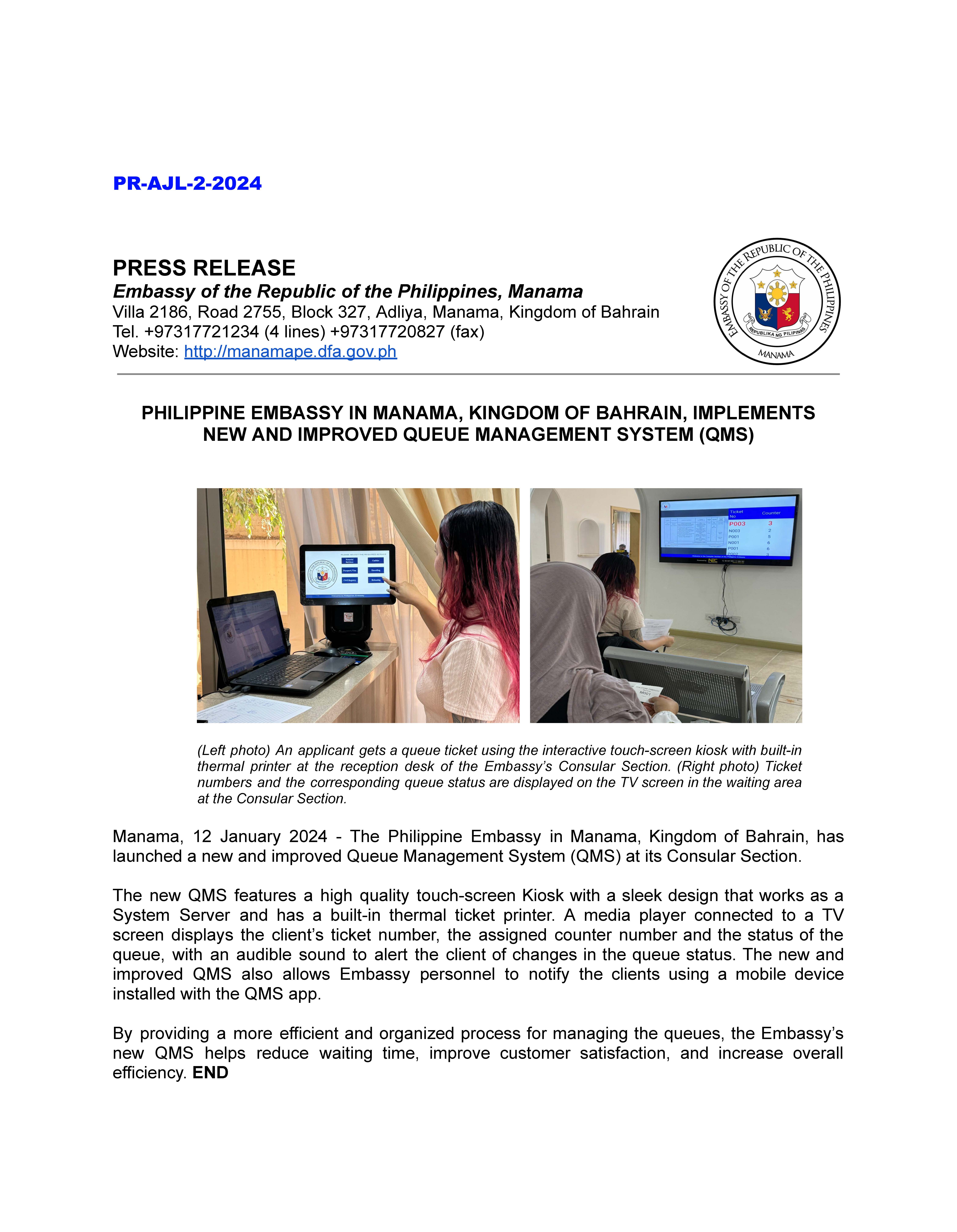 PR AJL 2 2024 PHILIPPINE EMBASSY IN MANAMA KINGDOM OF BAHRAIN IMPLEMENTS NEW AND IMPROVED QUEUE MANAGEMENT SYSTEM