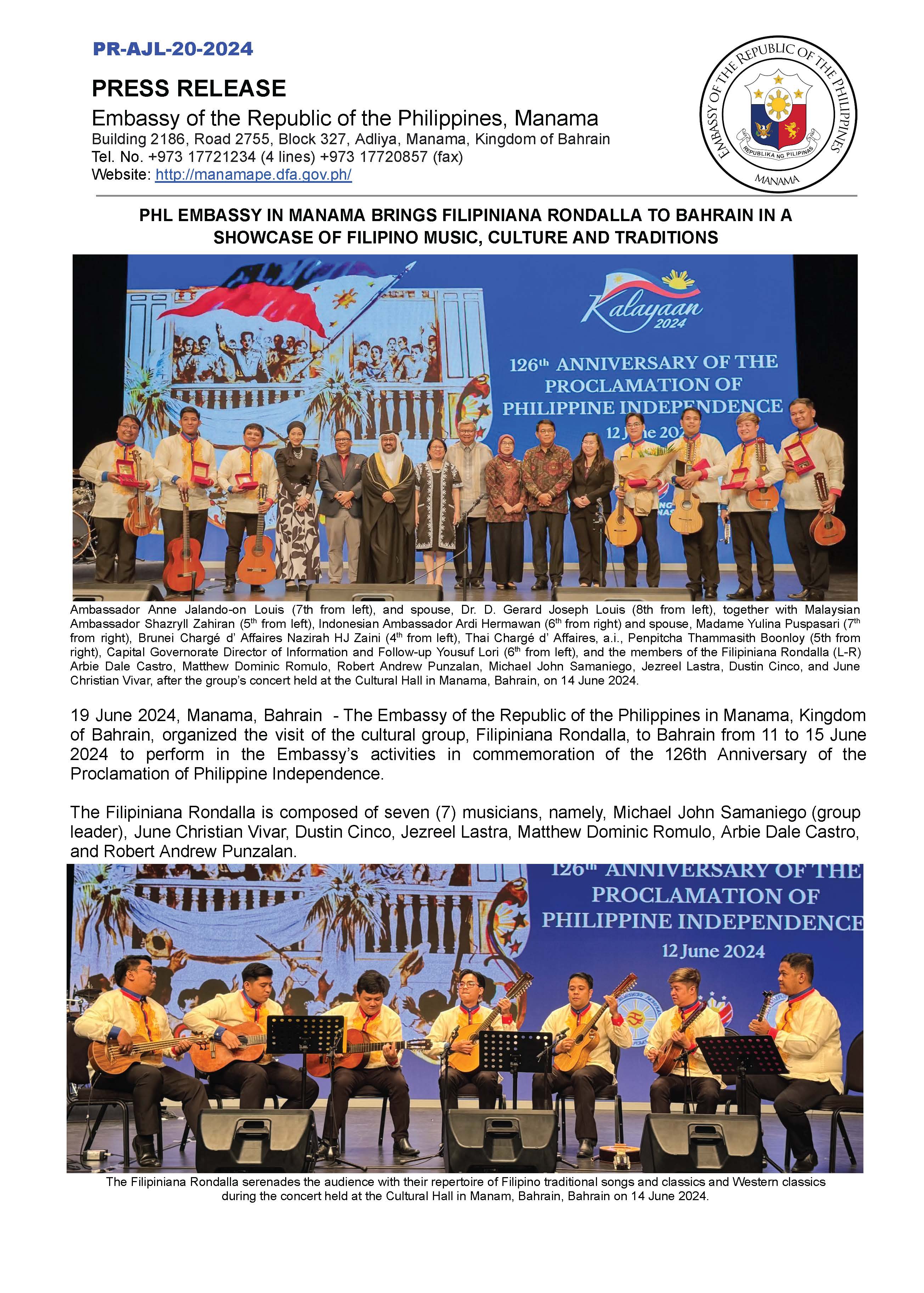 PR AJL 20 2024 PHL EMBASSY IN MANAMA BRINGS FILIPINIANA RONDALLA TO BAHRAIN IN A SHOWCASE OF FILIPINO MUSIC CULTURE AND TRADITIONS Page 1