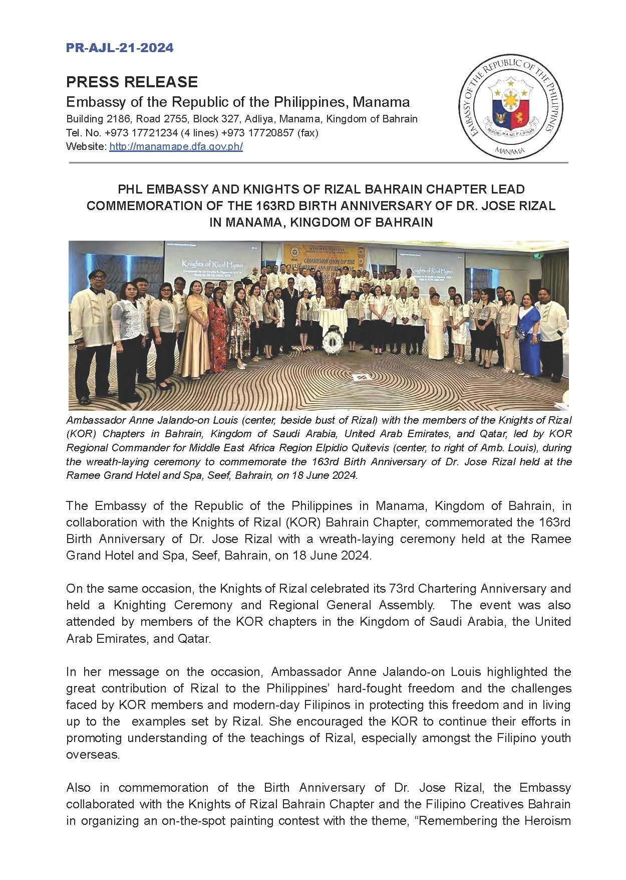 PR AJL 21 2024 PHL EMBASSY AND KNIGHTS OF RIZAL BAHRAIN CHAPTER LEAD COMMEMORATION OF THE 163RD BIRTH ANNIVERSARY OF DR. JOSE RIZAL IN MANAMA KINGDOM OF BAHRAIN Page 1