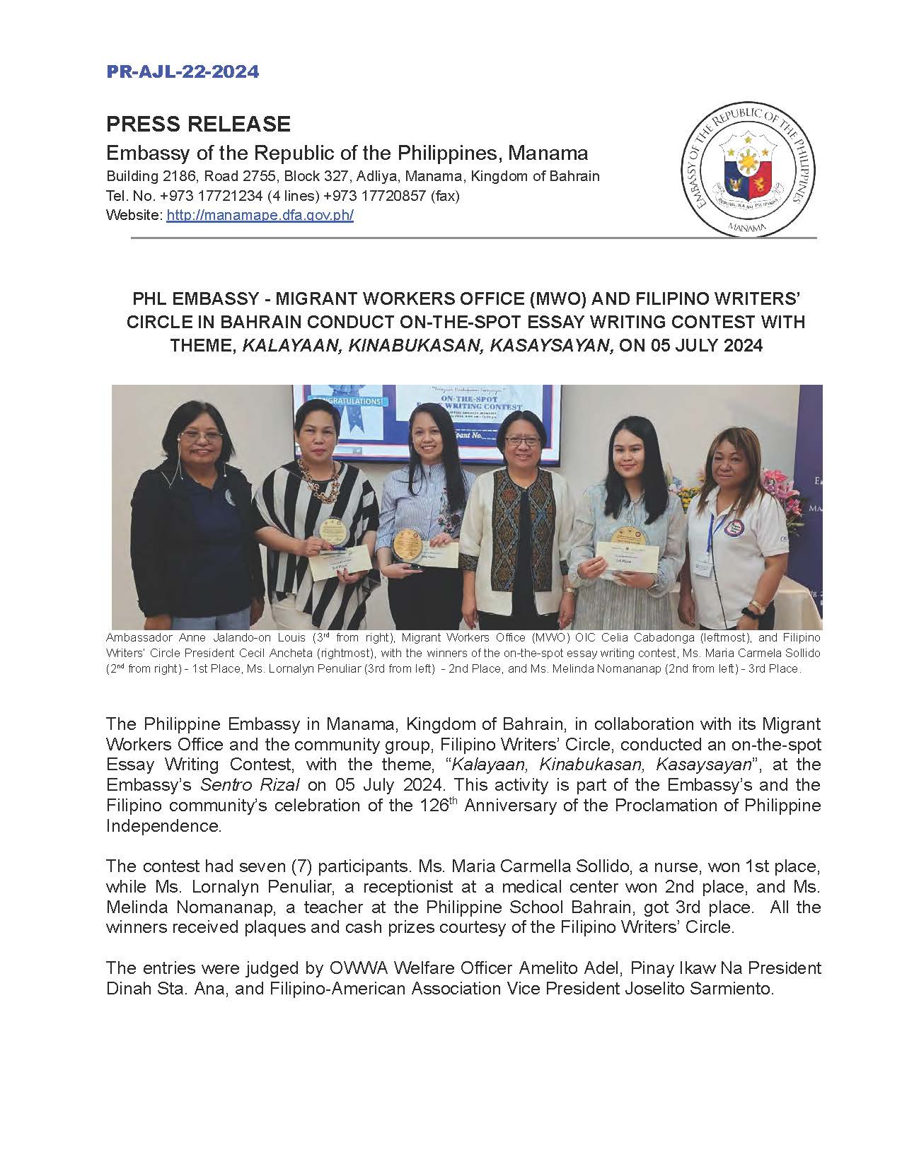 PR AJL 22 2024 PHL MWO AND FILIPINO WRITERS CIRCLE IN BAHRAIN CONDUCT ON THE SPOT ESSAY WRITING CONTEST WITH THEME KALAYAAN KINABUKASAN KASAYSAYAN 05 JULY 2024 Page 1