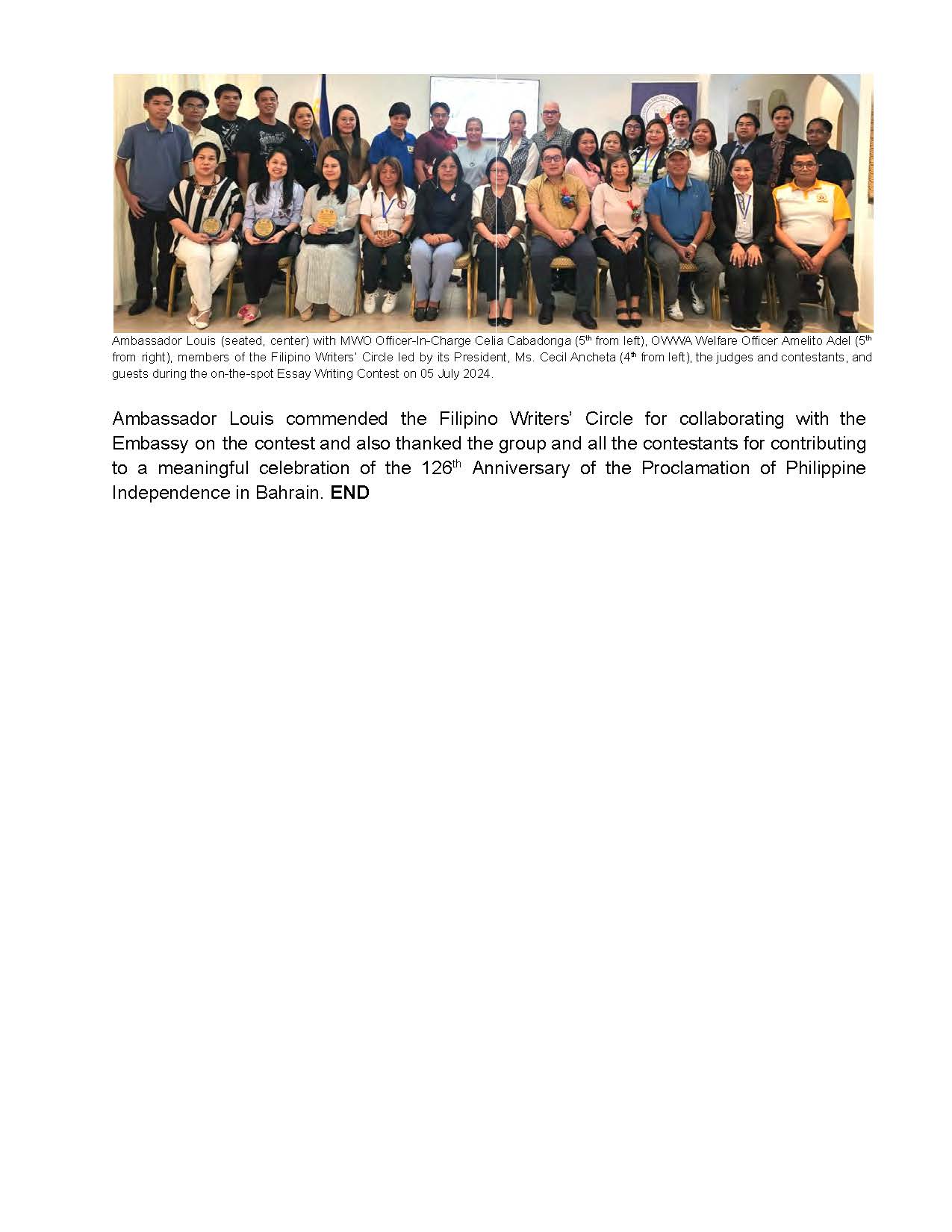 PR AJL 22 2024 PHL MWO AND FILIPINO WRITERS CIRCLE IN BAHRAIN CONDUCT ON THE SPOT ESSAY WRITING CONTEST WITH THEME KALAYAAN KINABUKASAN KASAYSAYAN 05 JULY 2024 Page 2