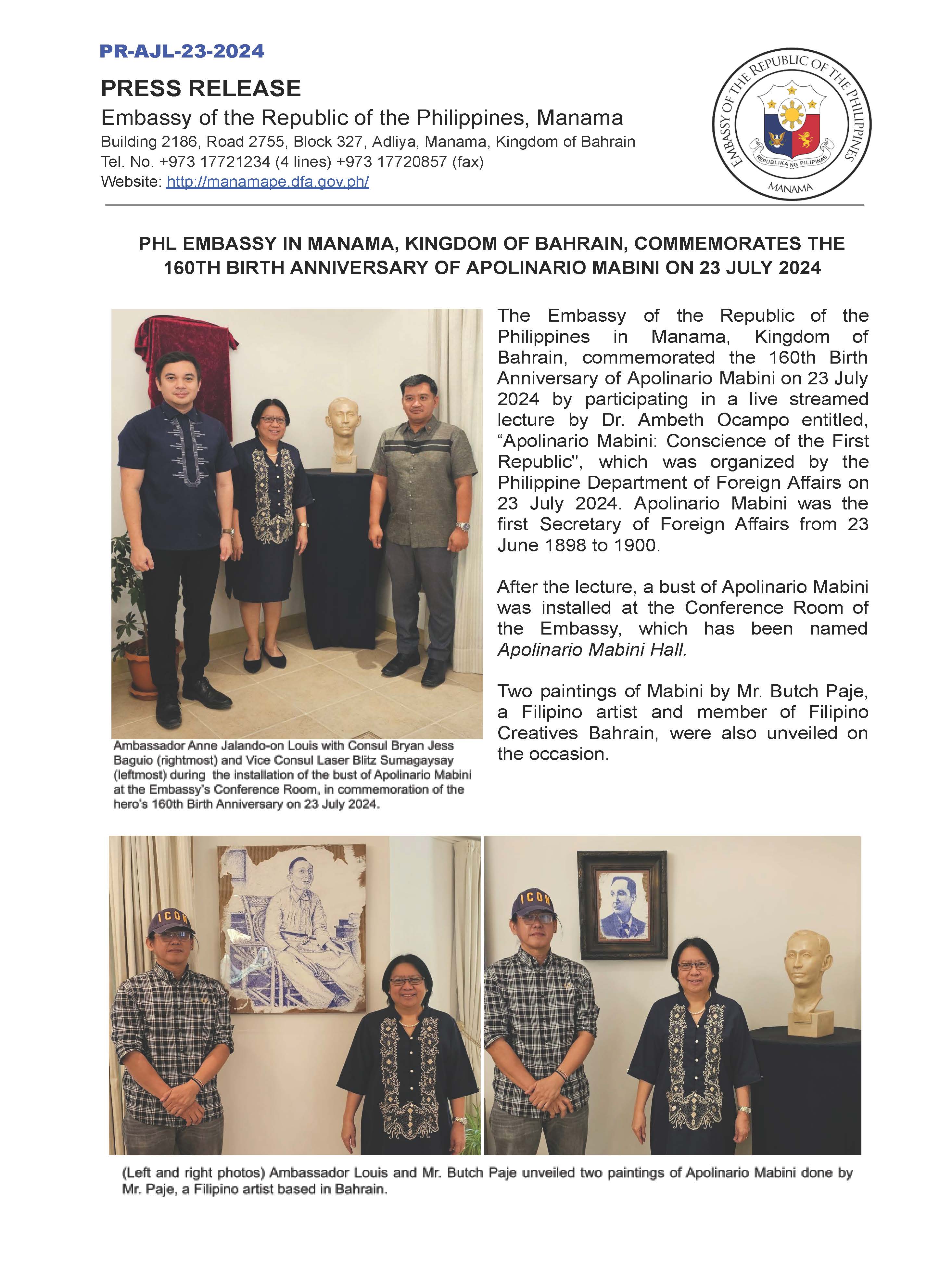 PR AJL 23 2024 PHL EMBASSY IN MANAMA KINGDOM OF BAHRAIN COMMEMORATES THE 160TH BIRTH ANNIVERSARY OF APOLINARIO MABINI ON 23 JULY 2024 Page 1