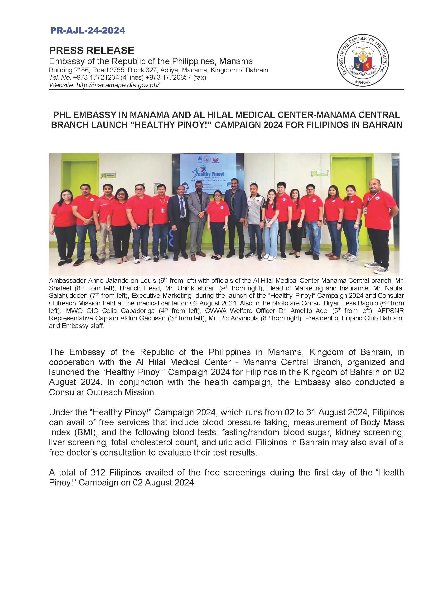 PR AJL 24 2024 PHL EMBASSY IN MANAMA AND AL HILAL MEDICAL CENTER MANAMA CENTRAL BRANCH LAUNCH HEALTHY PINOY CAMPAIGN 2024 FOR FILIPINOS IN BAHRAIN Page 1