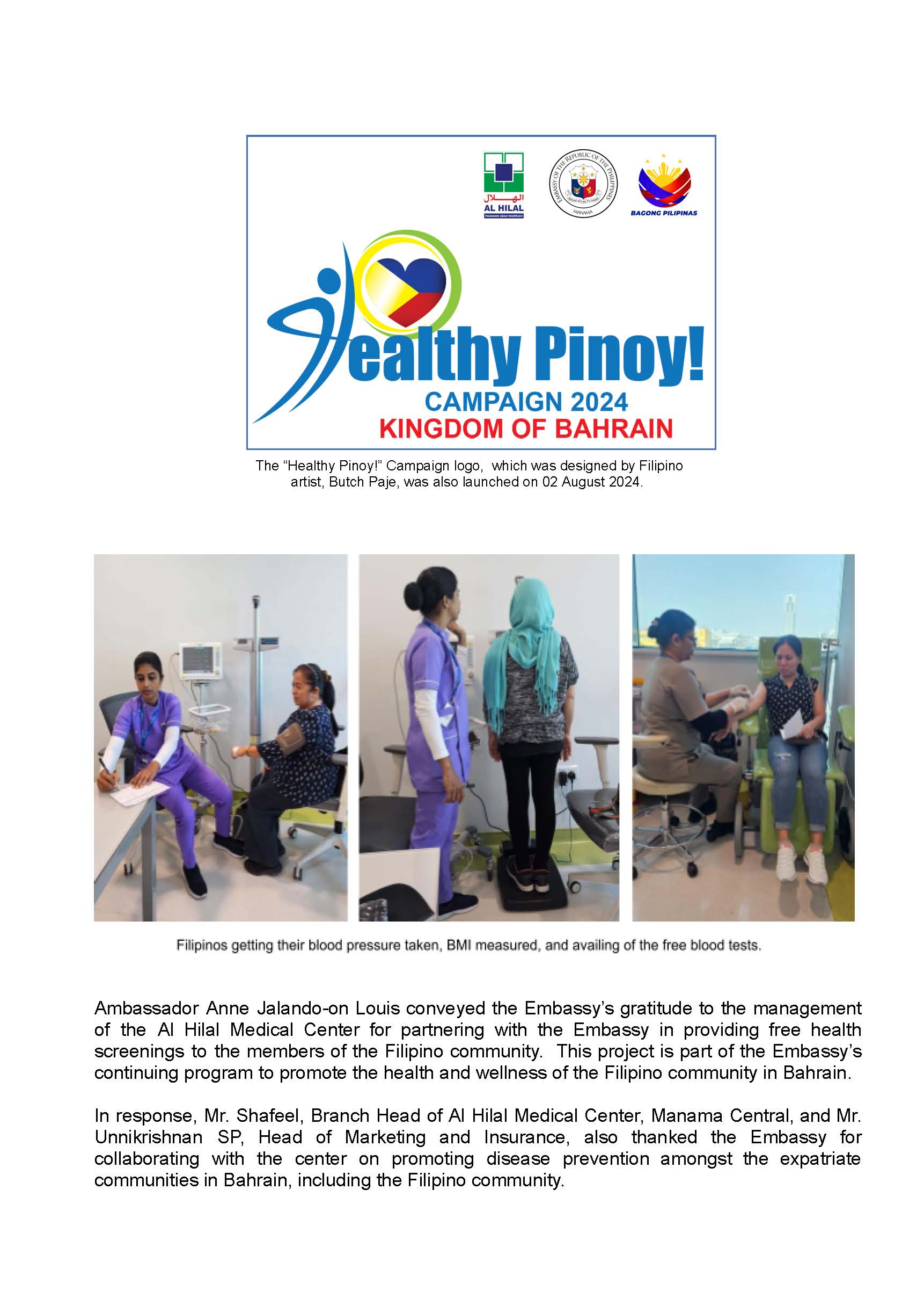 PR AJL 24 2024 PHL EMBASSY IN MANAMA AND AL HILAL MEDICAL CENTER MANAMA CENTRAL BRANCH LAUNCH HEALTHY PINOY CAMPAIGN 2024 FOR FILIPINOS IN BAHRAIN Page 2