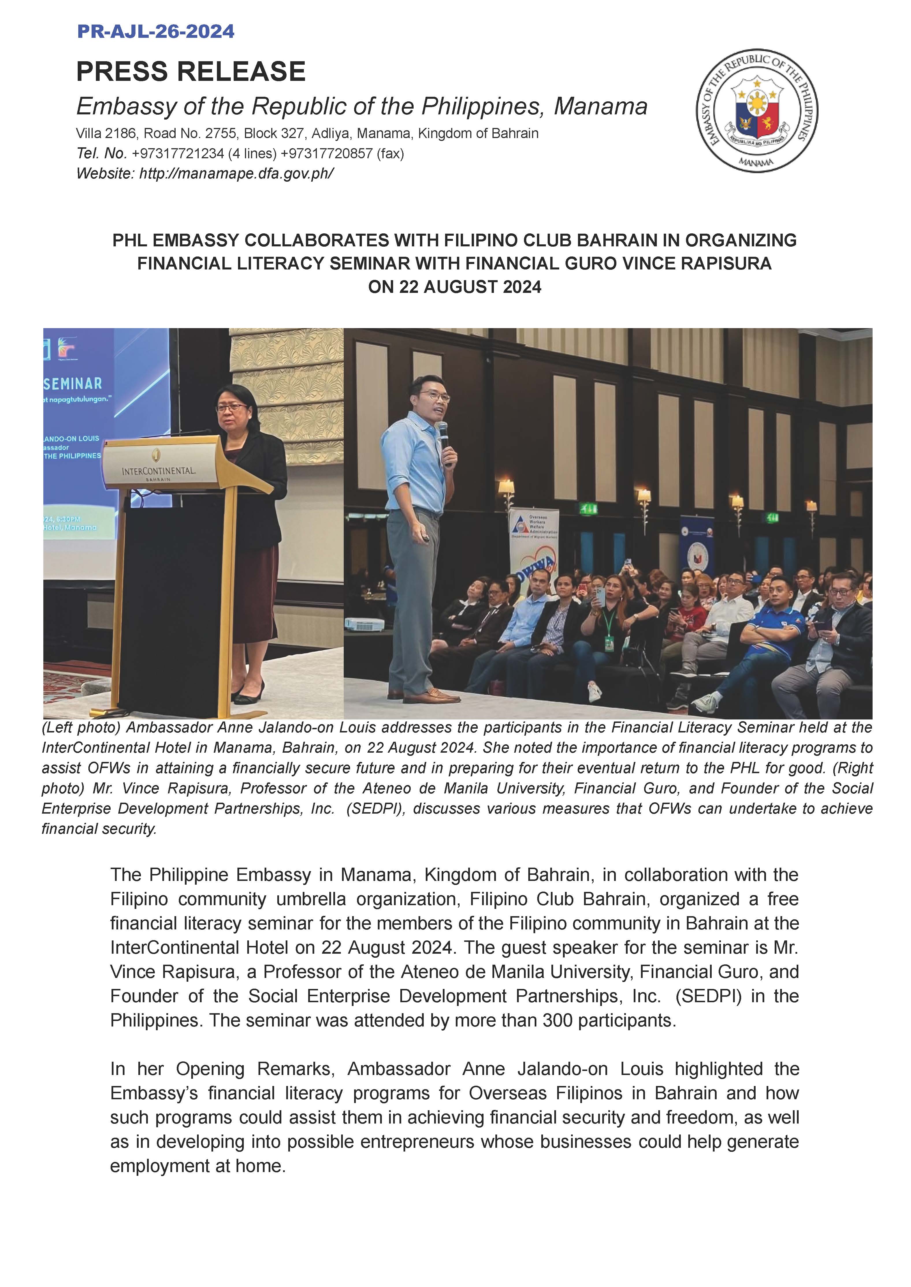 PR AJL 26 2024 PHL EMBASSY COLLABORATES WITH FCB IN ORGANIZING FINANCIAL LITERACY SEMINAR WITH FINANCIAL GURO VINCE RAPISURA ON 22 AUGUST 2024 Page 1