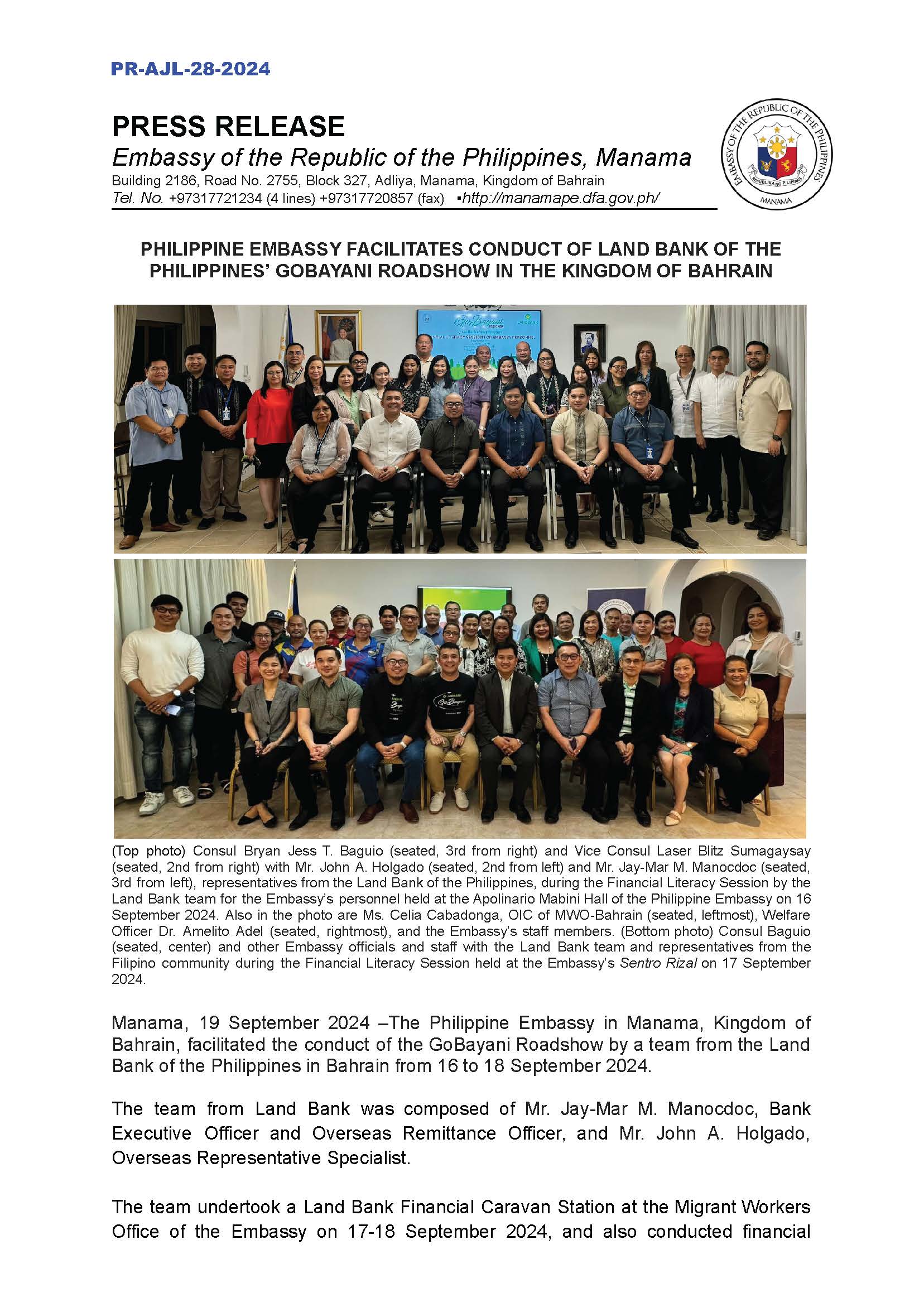 PR AJL 28 2024 PHILIPPINE EMBASSY FACILITATES CONDUCT OF LAND BANK OF THE PHILIPPINES GOBAYANI ROADSHOW IN THE KINGDOM OF BAHRAIN Page 1