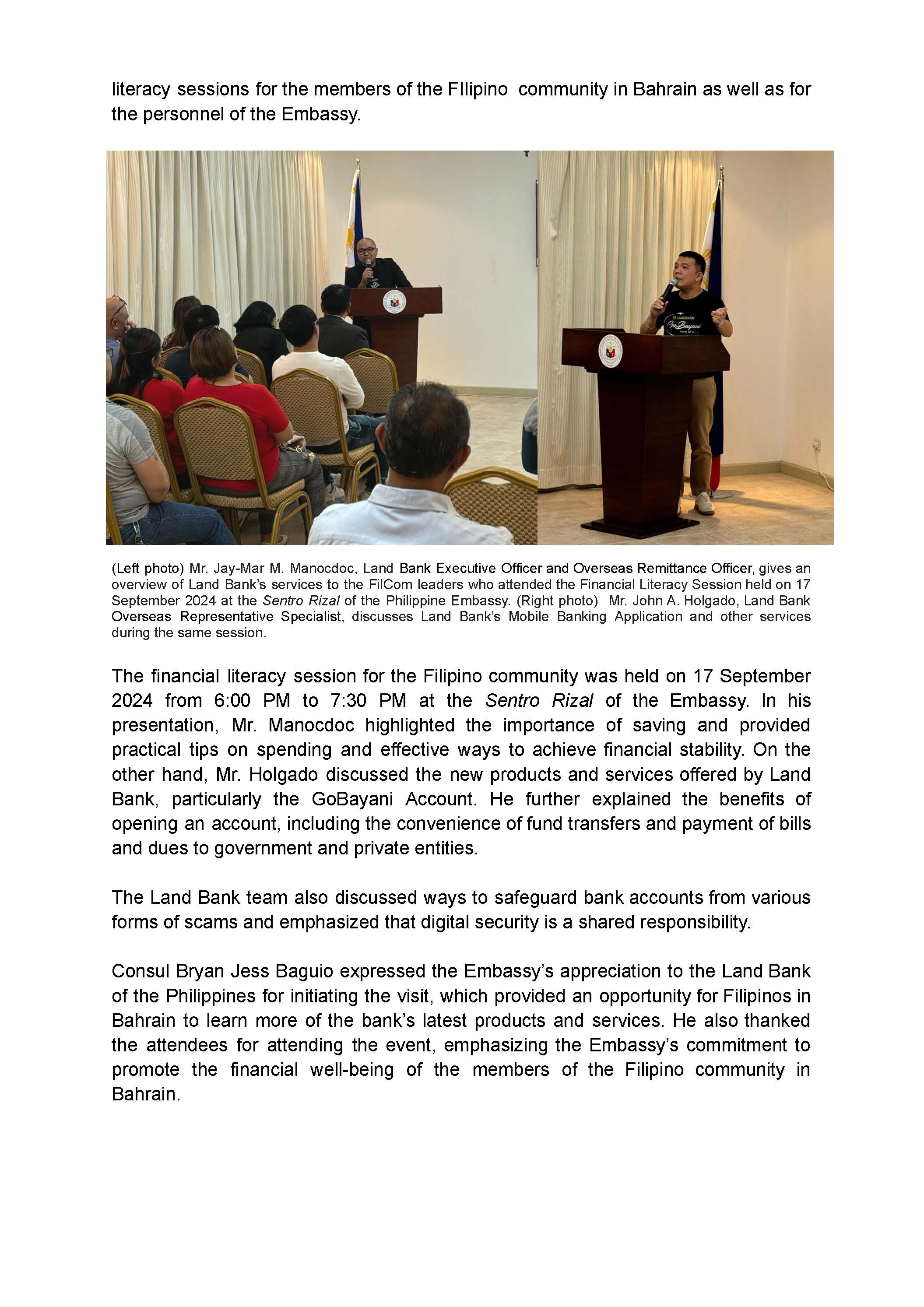 PR AJL 28 2024 PHILIPPINE EMBASSY FACILITATES CONDUCT OF LAND BANK OF THE PHILIPPINES GOBAYANI ROADSHOW IN THE KINGDOM OF BAHRAIN Page 2