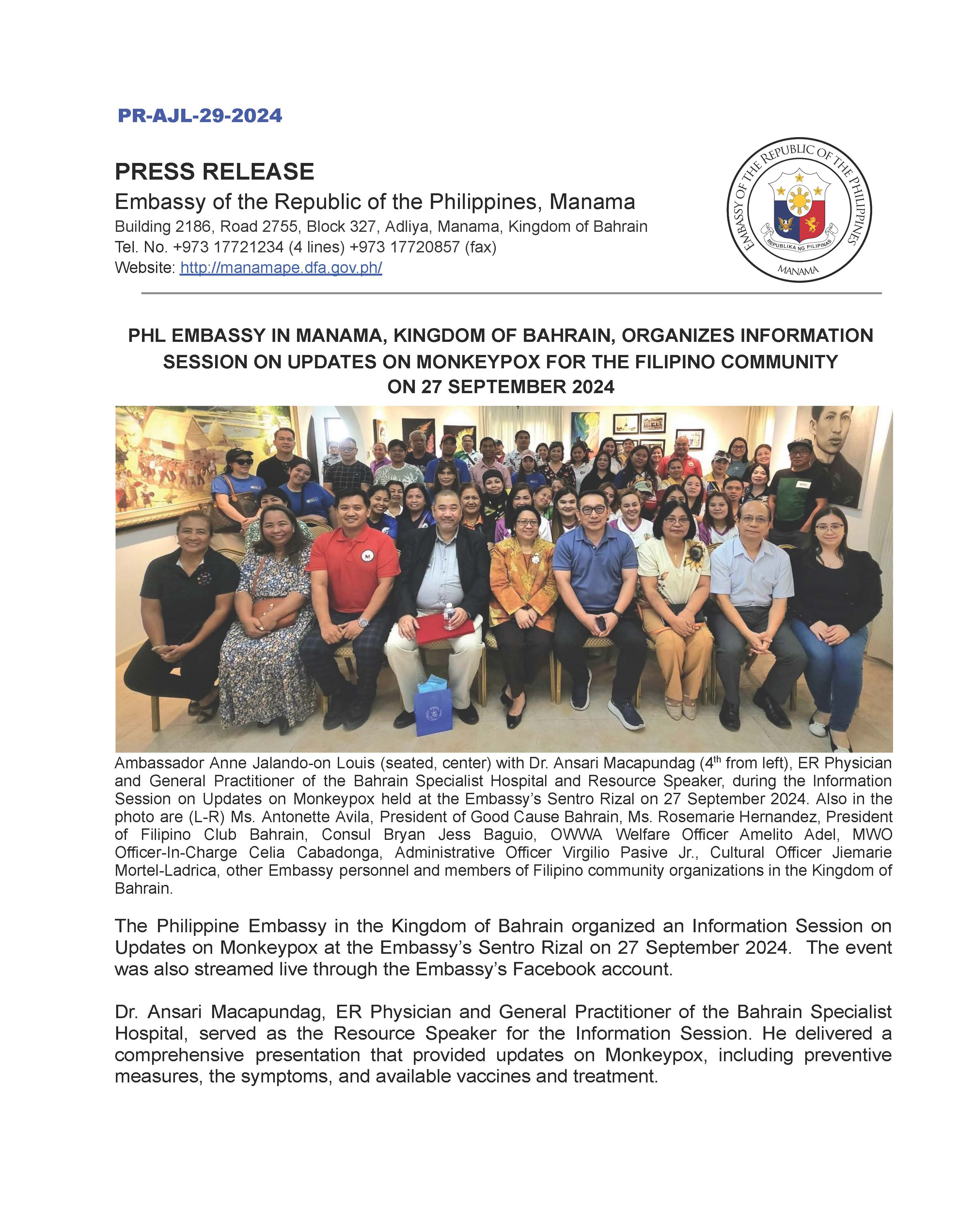 PR AJL 29 2024 PHL EMBASSY IN MANAMA KINGDOM OF BAHRAIN ORGANIZES INFORMATION SESSION ON UPDATES ON MONKEYPOX FOR THE FILIPINO COMMUNITY ON 27 SEPTEMBER 2024 Page 1