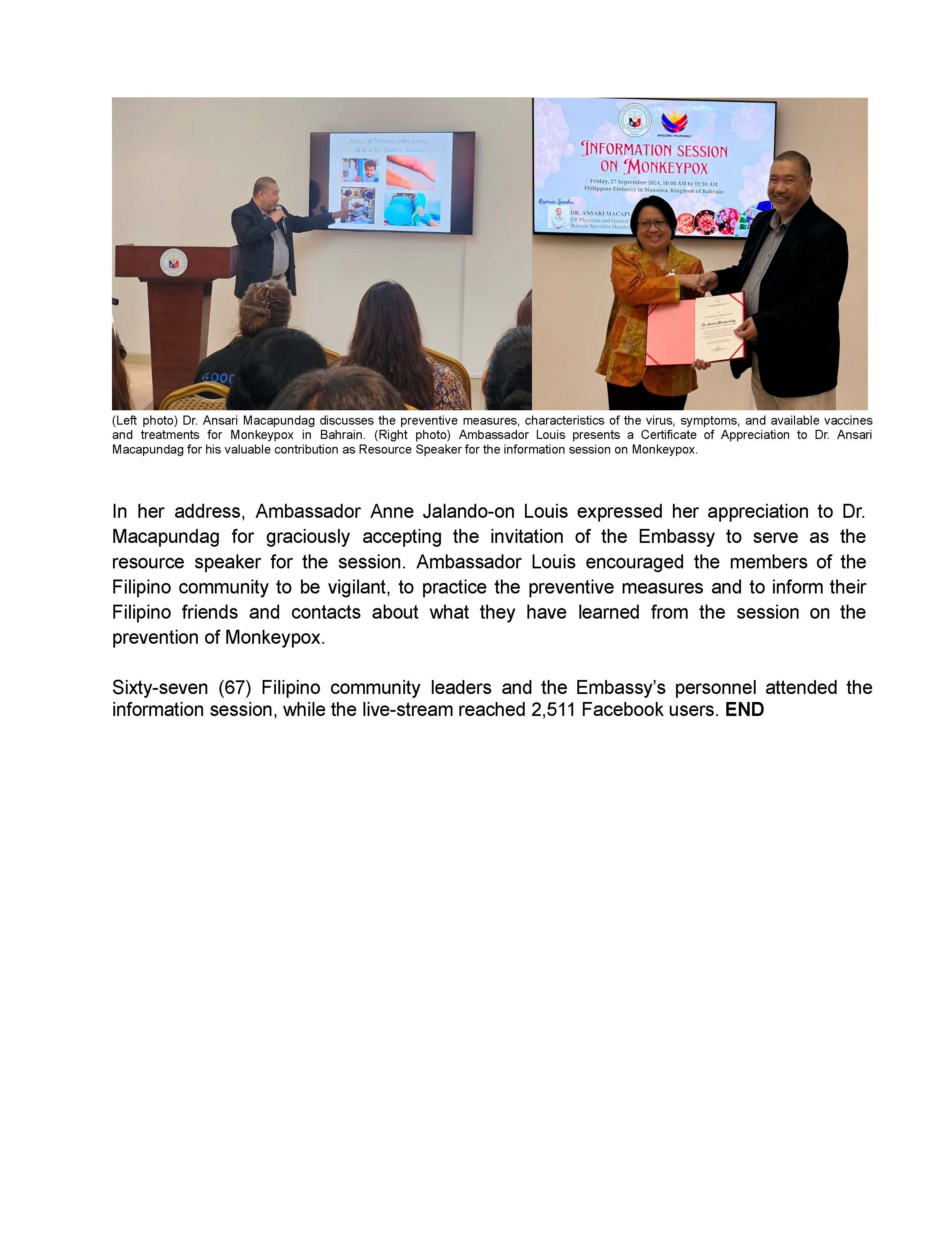 PR AJL 29 2024 PHL EMBASSY IN MANAMA KINGDOM OF BAHRAIN ORGANIZES INFORMATION SESSION ON UPDATES ON MONKEYPOX FOR THE FILIPINO COMMUNITY ON 27 SEPTEMBER 2024 Page 2